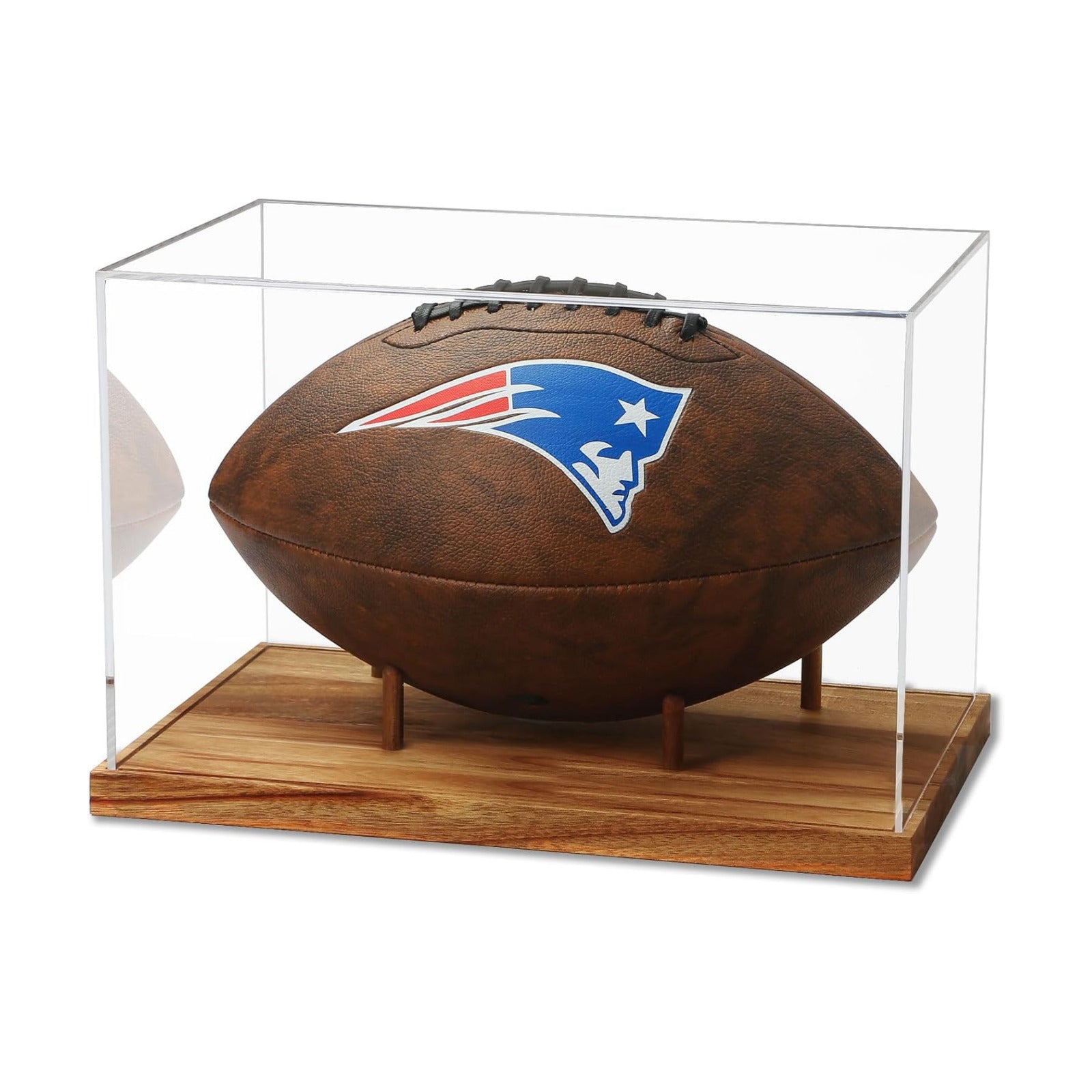 Football Display Case Full Size, Acrylic Clear Box with Wood Stand, UV Protected Memorabilia Holder, for Football Fans
