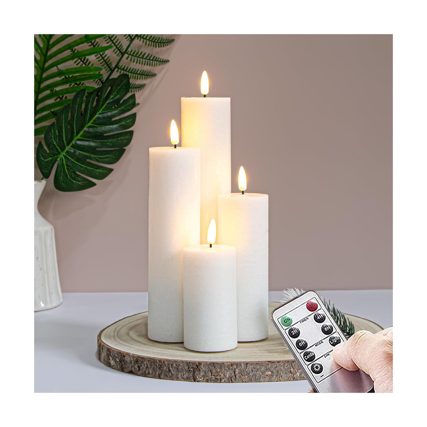 Flickering Flameless Pillar Candles with Remote Control and Cycle Timer,White Pack of 4 Battery Operated(Powered by
