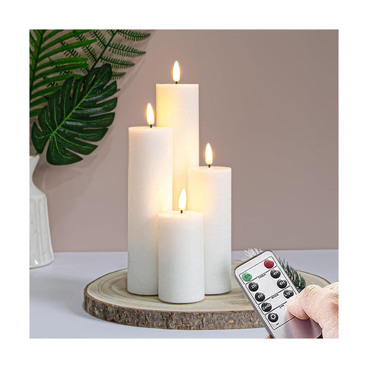 Flickering Flameless Pillar Candles with Remote Control and Cycle Timer,White Pack of 4 Battery Operated(Powered by