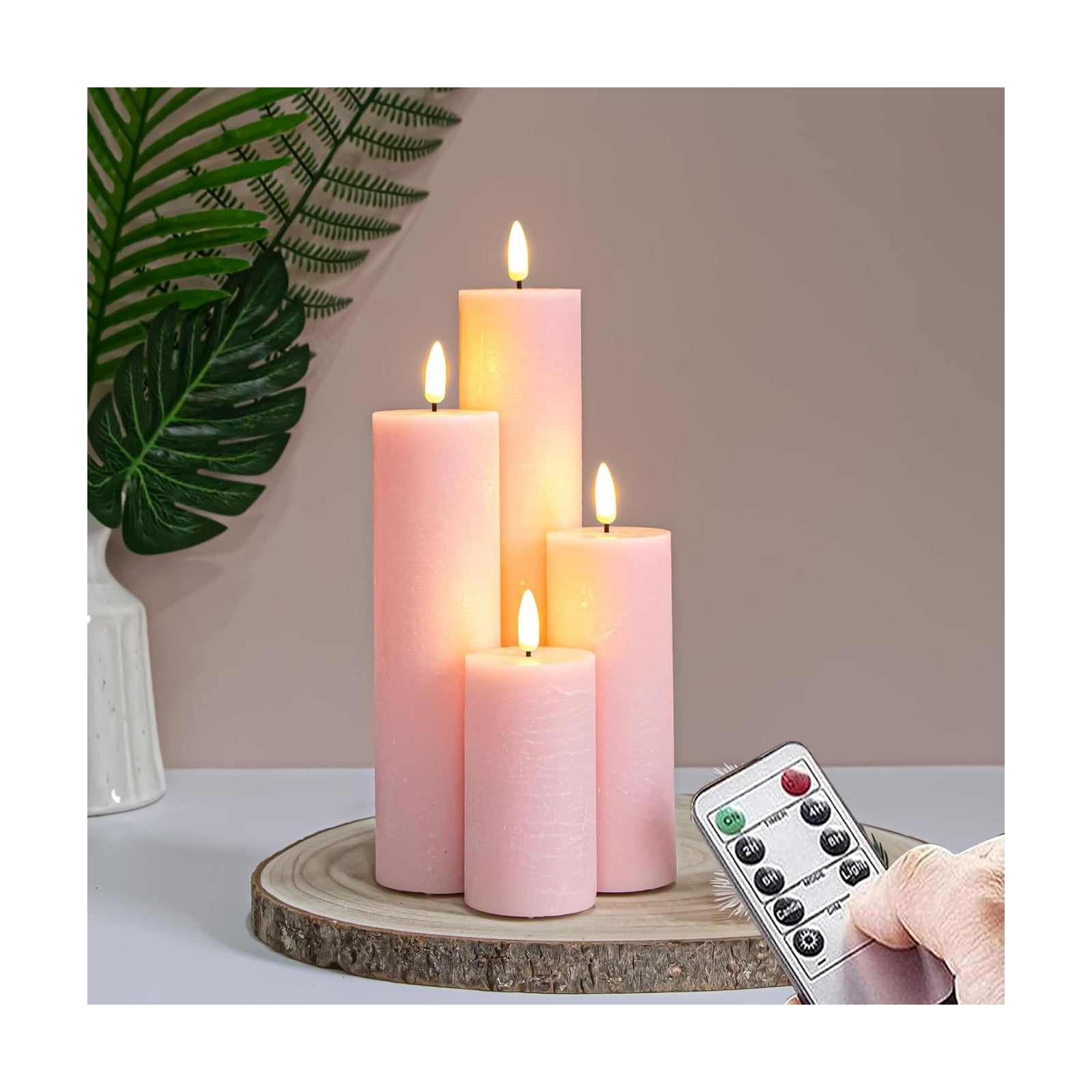 Flickering Flameless Pillar Candles with Remote Control and Cycle Timer,Pink Pack of 4 Battery Operated(Powered by 2AA)