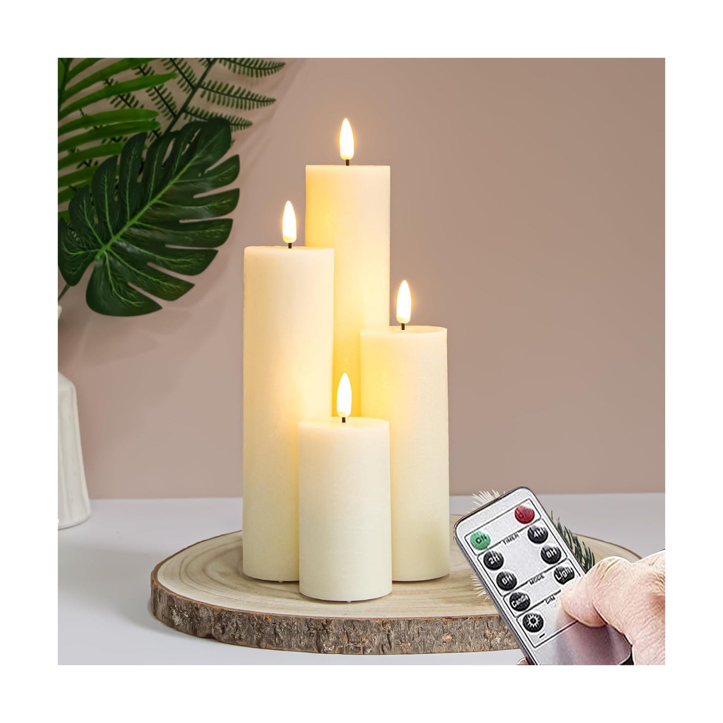 Flickering Flameless Pillar Candles with Remote Control and Cycle Timer,Ivory Pack of 4 Battery Operated(Powered by