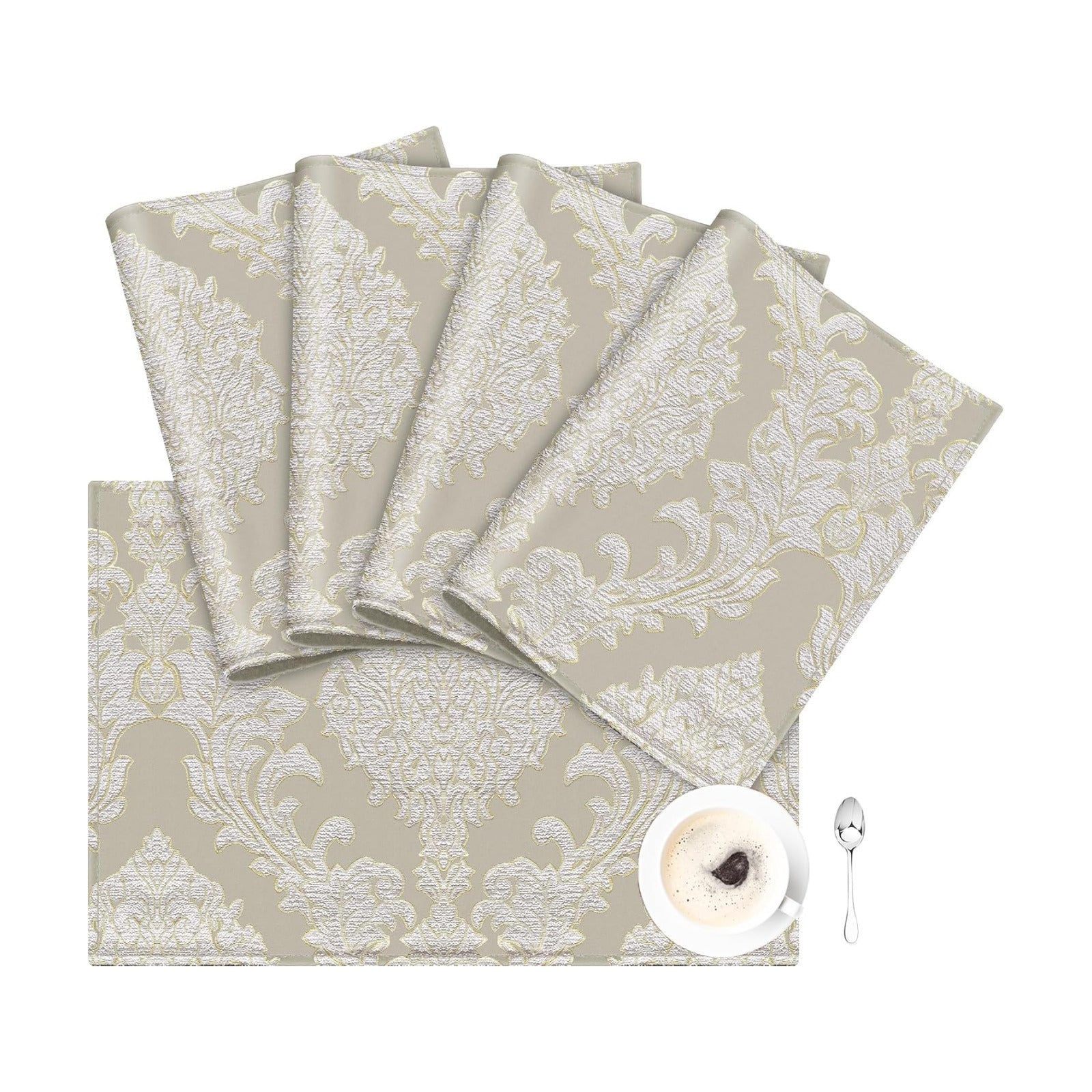 Loom and Mill Luxury Damask Jacquard Placemats Set of 4, Beige, 12x18 in | Non-Slip Table Place Mats for Home Kitchen