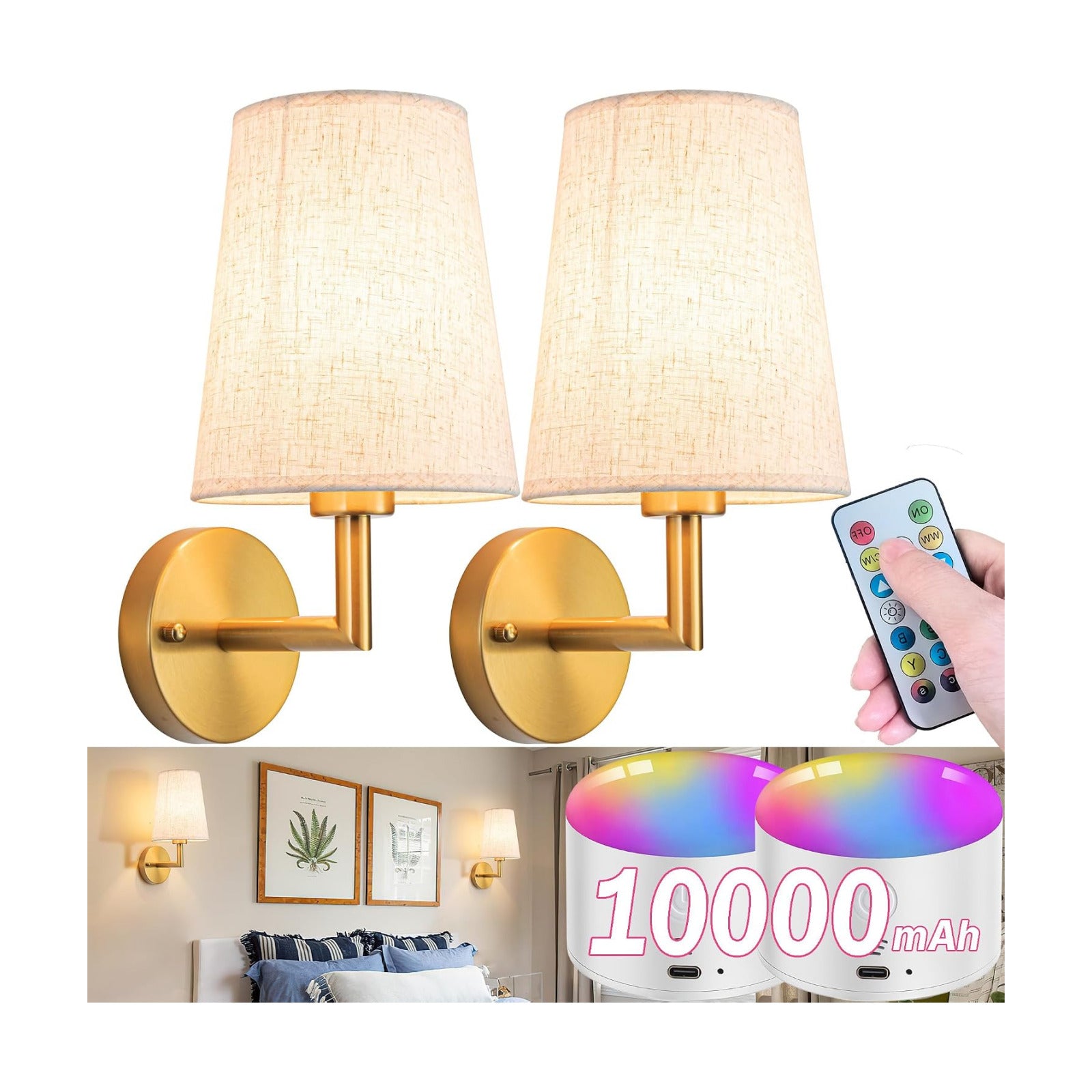 Wall Sconce Battery Operated Wall Light Fixure with Remote Control, Dimmable Battery Operated Wall Sconces Set Of Two