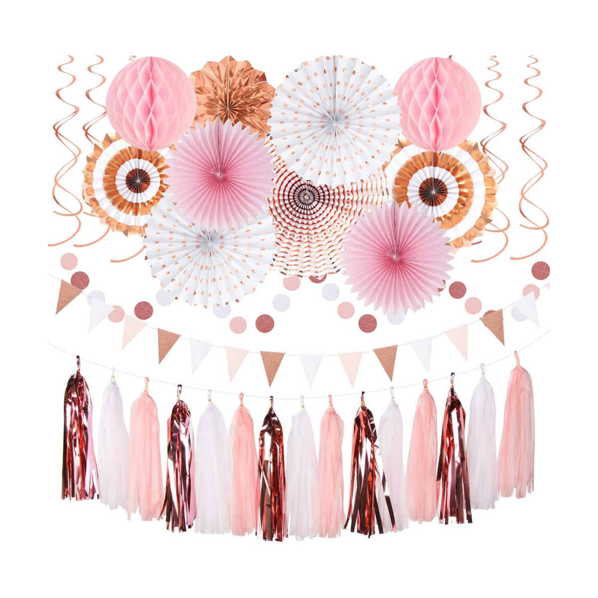 Rose-Gold Pink-White Graduation Party-Decorations - 33pcs Banner,Streamers Tassel Garland,Tissue Pom Poms Honeycomb,Paper Lantern Fan,Birthday Wedding Bridal Baby Shower Bachelorette Engagement Hugtmr