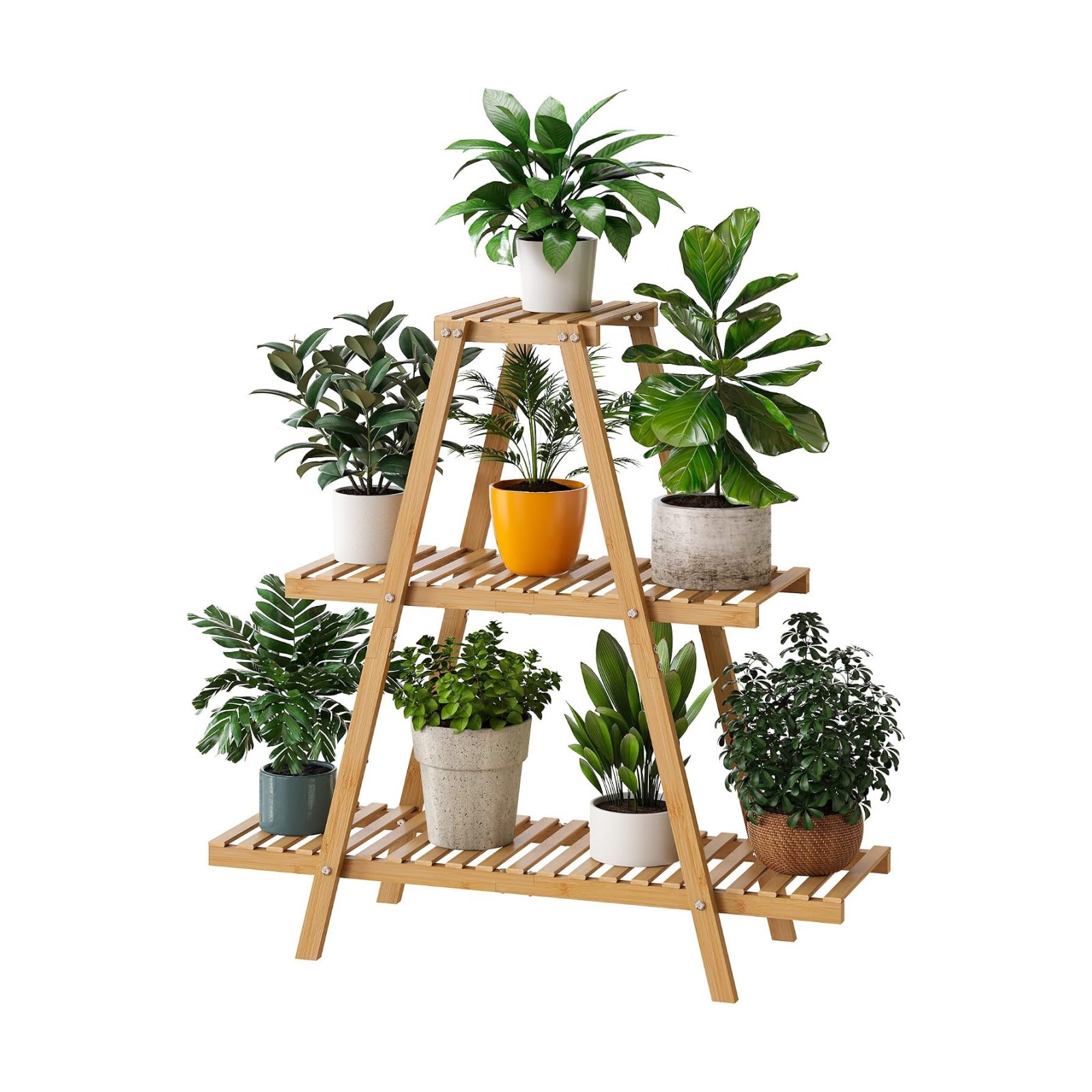 Bamboo Plant Stand - Indoor/Outdoor 3 Tier Plant Ladder, 8 Potted Flower Holder, Natural