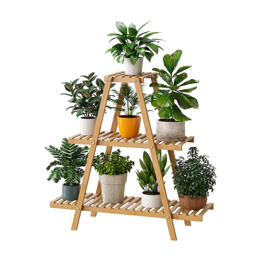 Bamboo Plant Stand - Indoor/Outdoor 3 Tier Plant Ladder, 8 Potted Flower Holder, Natural