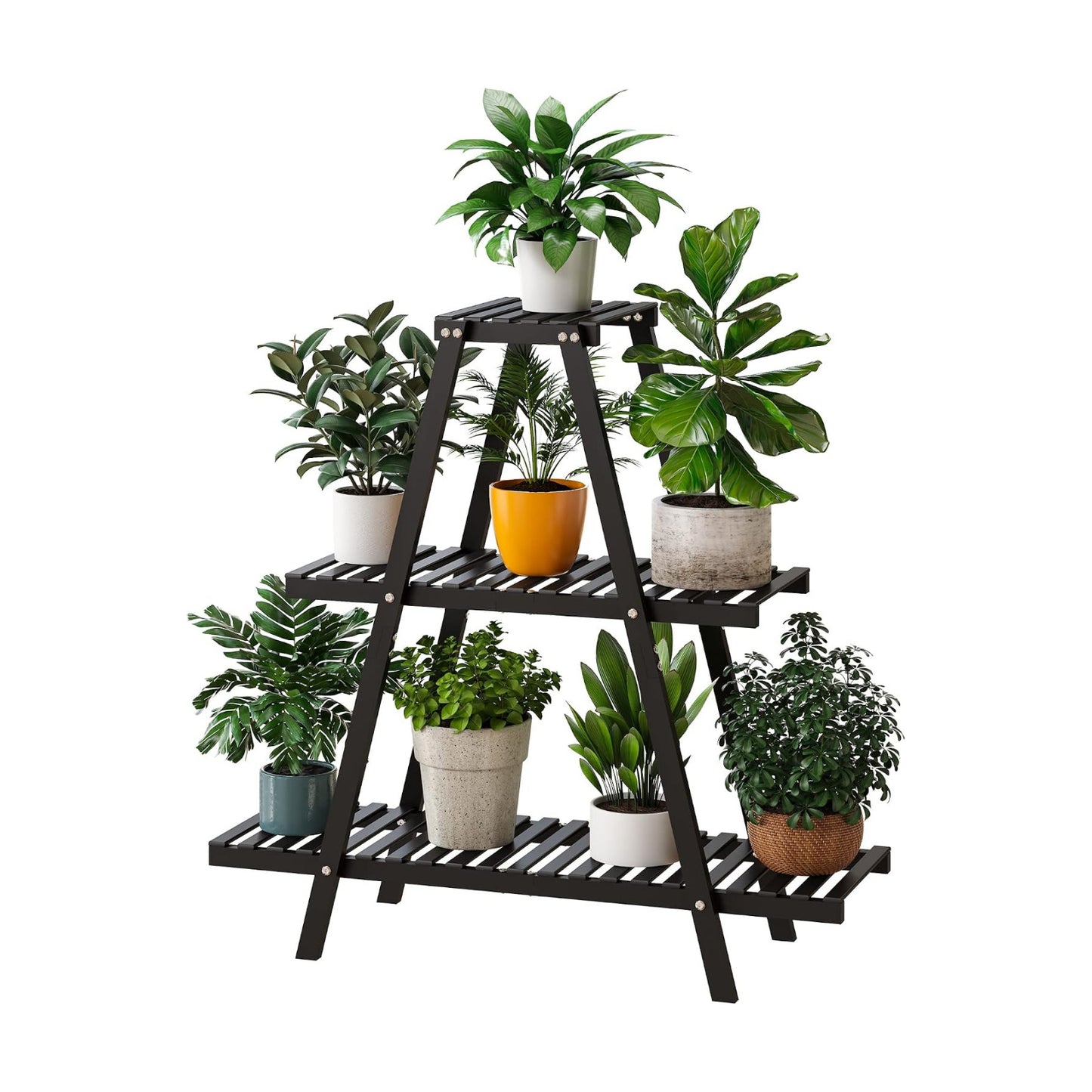 Bamboo Plant Stand Indoor/Outdoor, 3-Tier, Black, Rectangular, 8 Potted Flower Holder Ladder Plant Rack