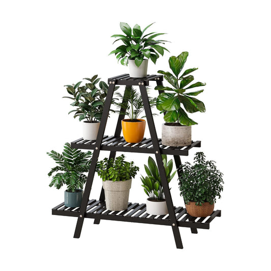 Bamboo Plant Stand Indoor/Outdoor, 3-Tier, Black, Rectangular, 8 Potted Flower Holder Ladder Plant Rack
