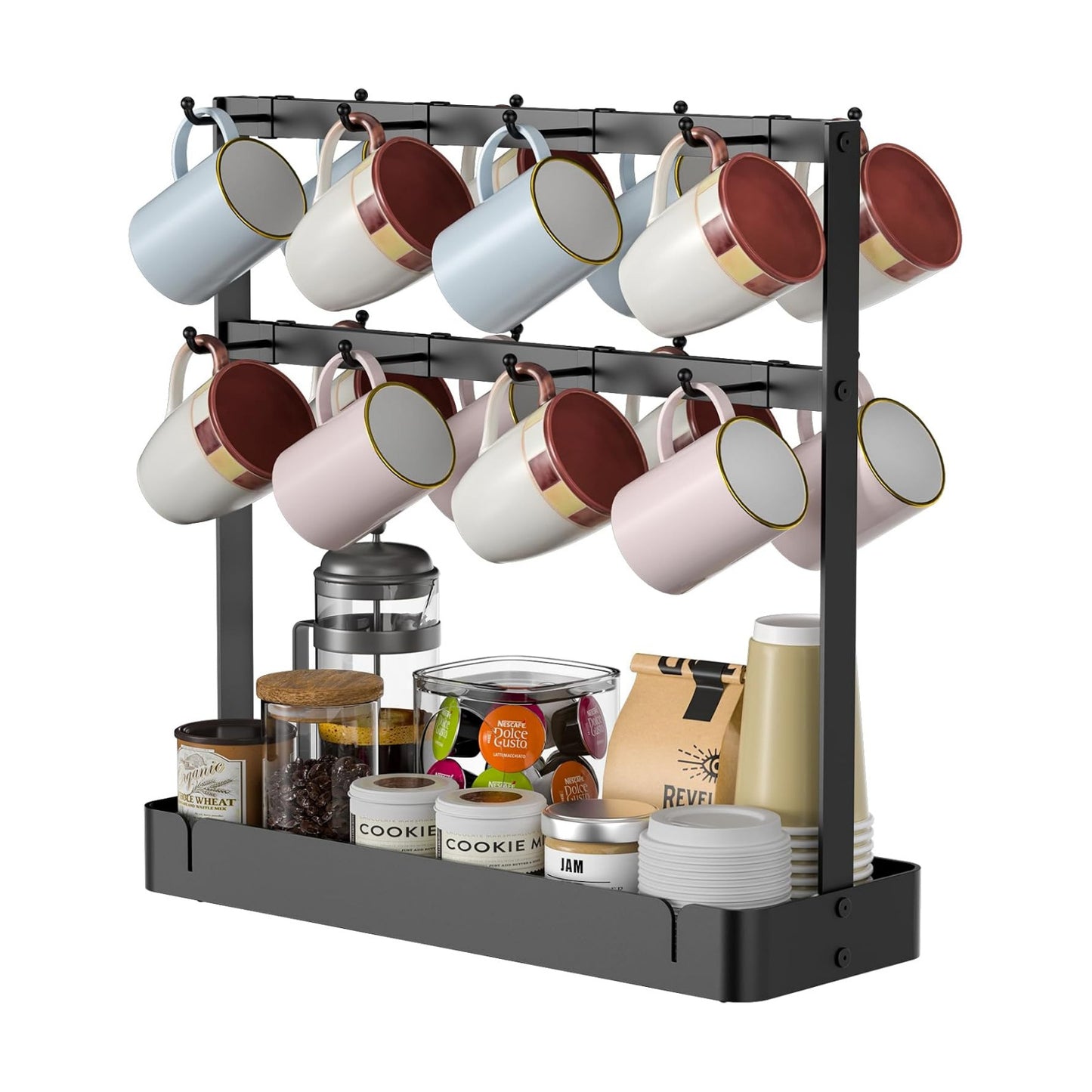 RCHYFEED 2 Tier Coffee Cup Holder with 16 Movable Hooks & Storage Basket | Sturdy Metal Countertop Mug Rack,Drain Tray