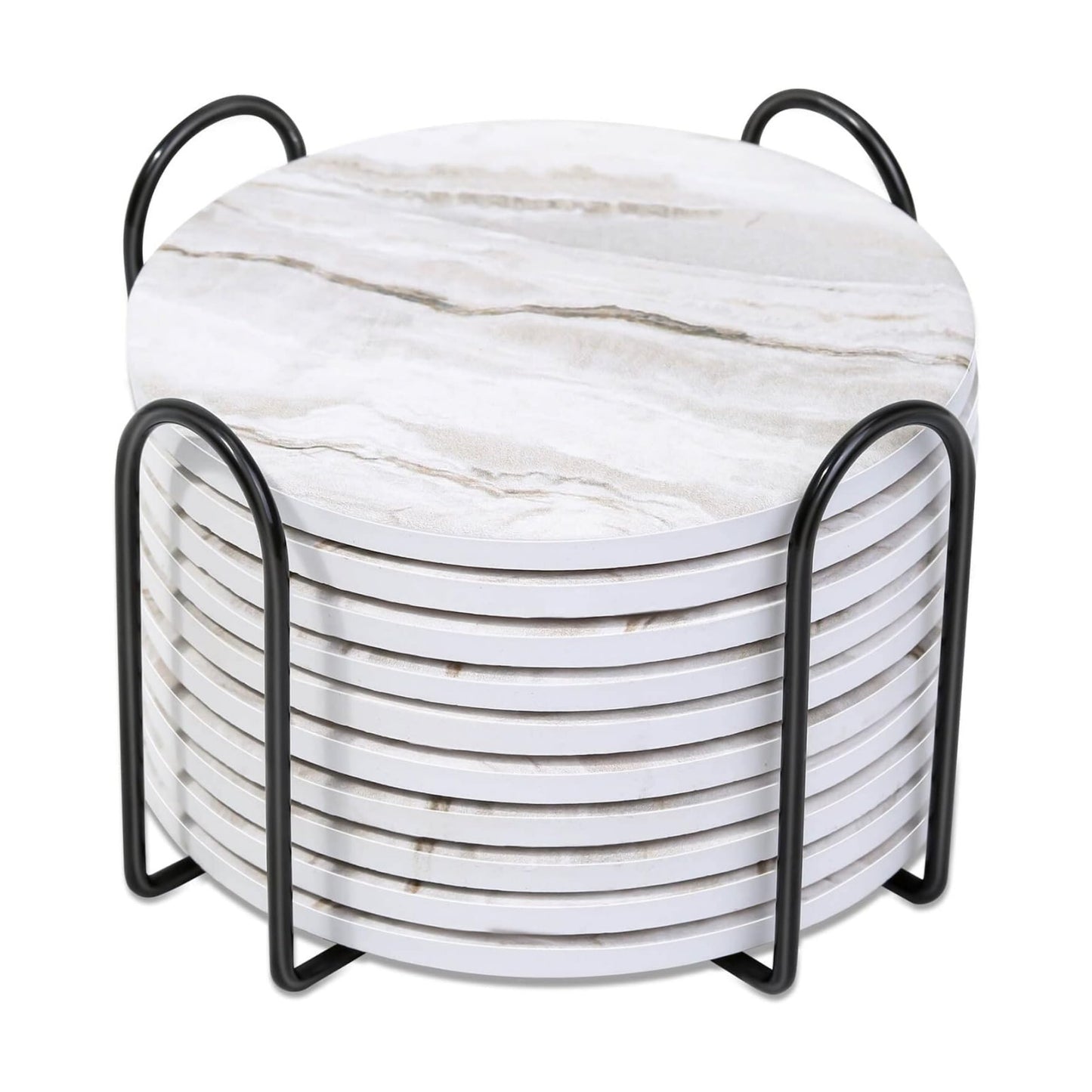 Holder / Marble Style Ceramic Coaster for Wooden Table / Griege / Set of 10