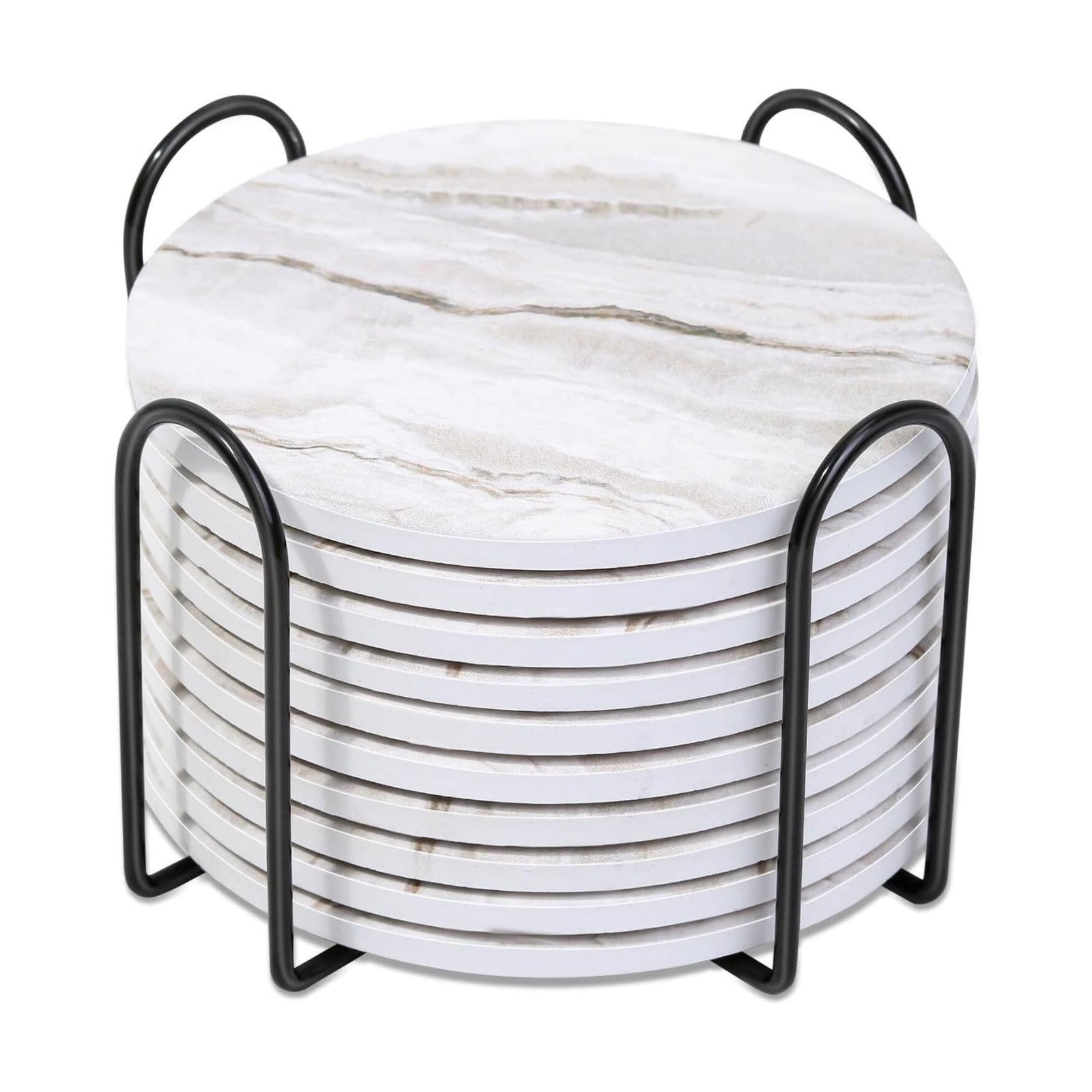 Holder / Marble Style Ceramic Coaster for Wooden Table / Griege / Set of 10