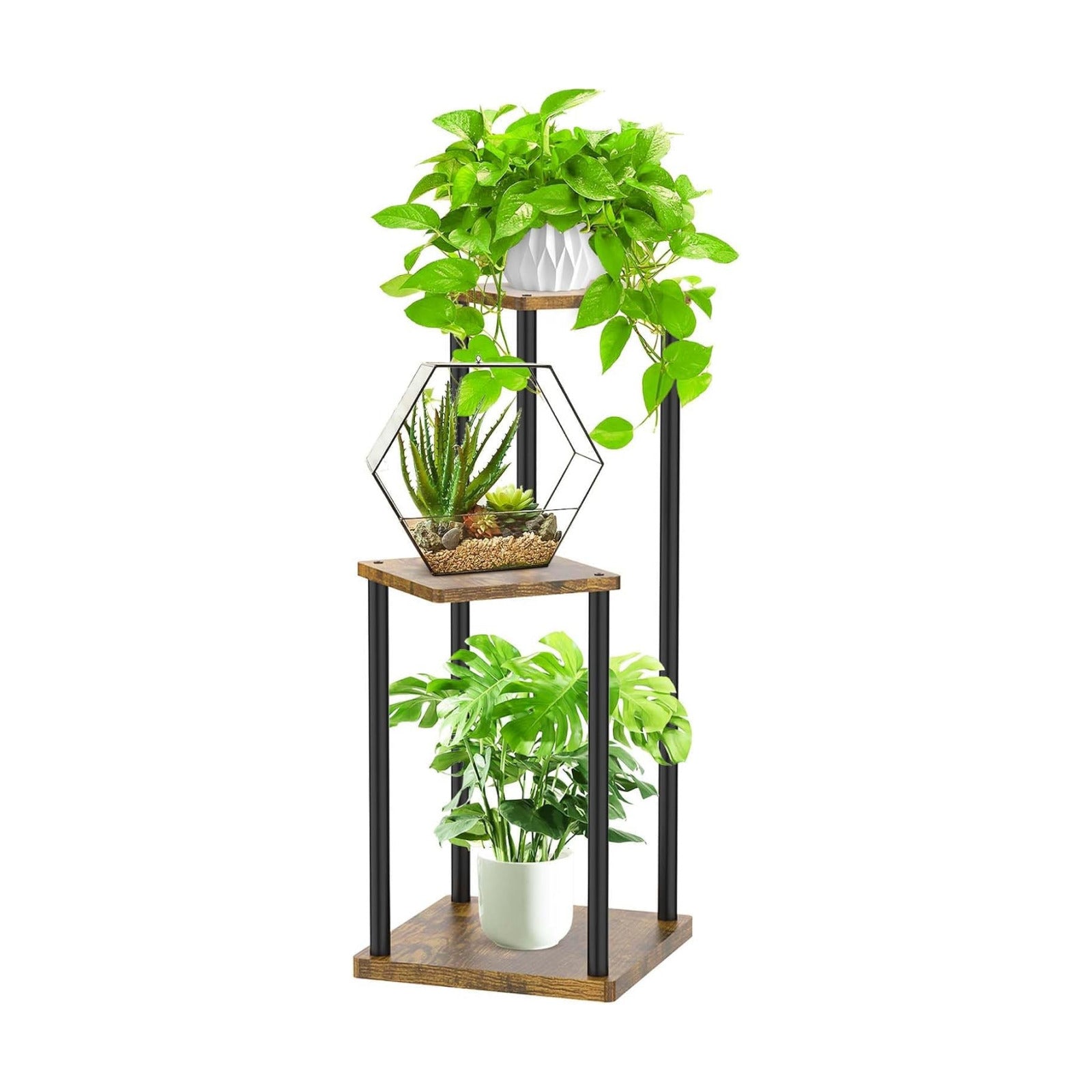 Plant Stand Indoor, Oppro 3 Tier Corner Metal Wood Flower Pot Holder Shelf | Multiple Display Rack Square Table for