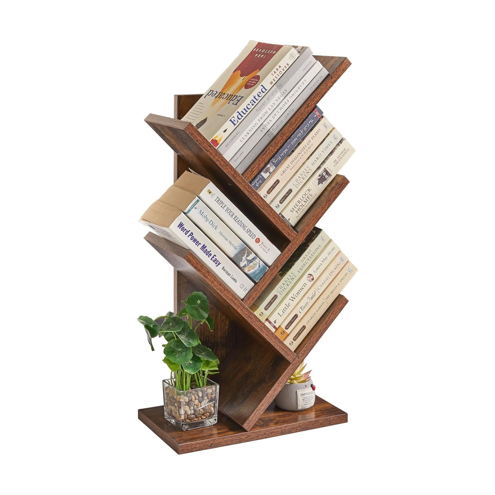 YMYNY Tree Bookshelf, 4-Tier Book Storage Organizer Shelves,Rustic Brown, HBC014H