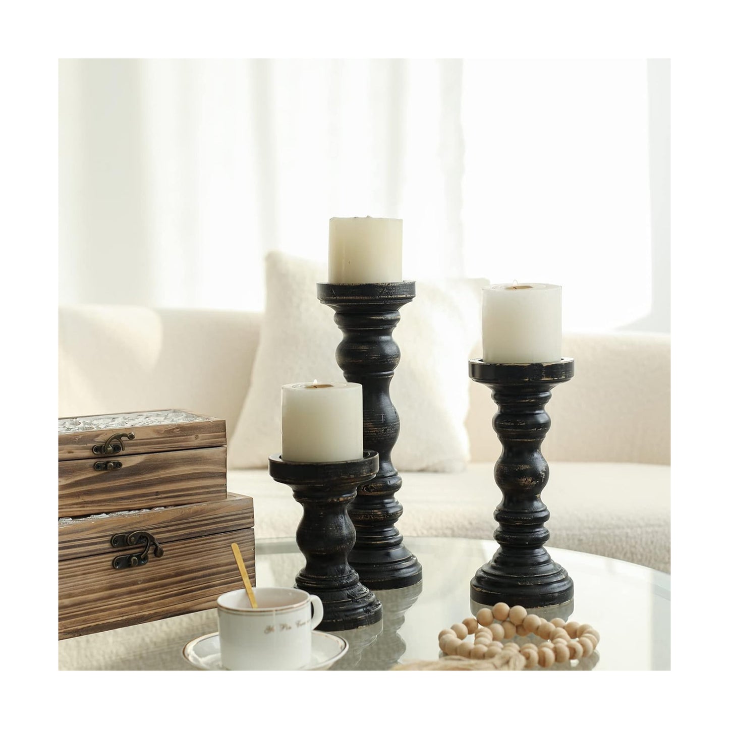 SWALLOWLIVING Rustic Farmhouse Wood Pillar Candle Holder Set of 3 for Candlestick, Black