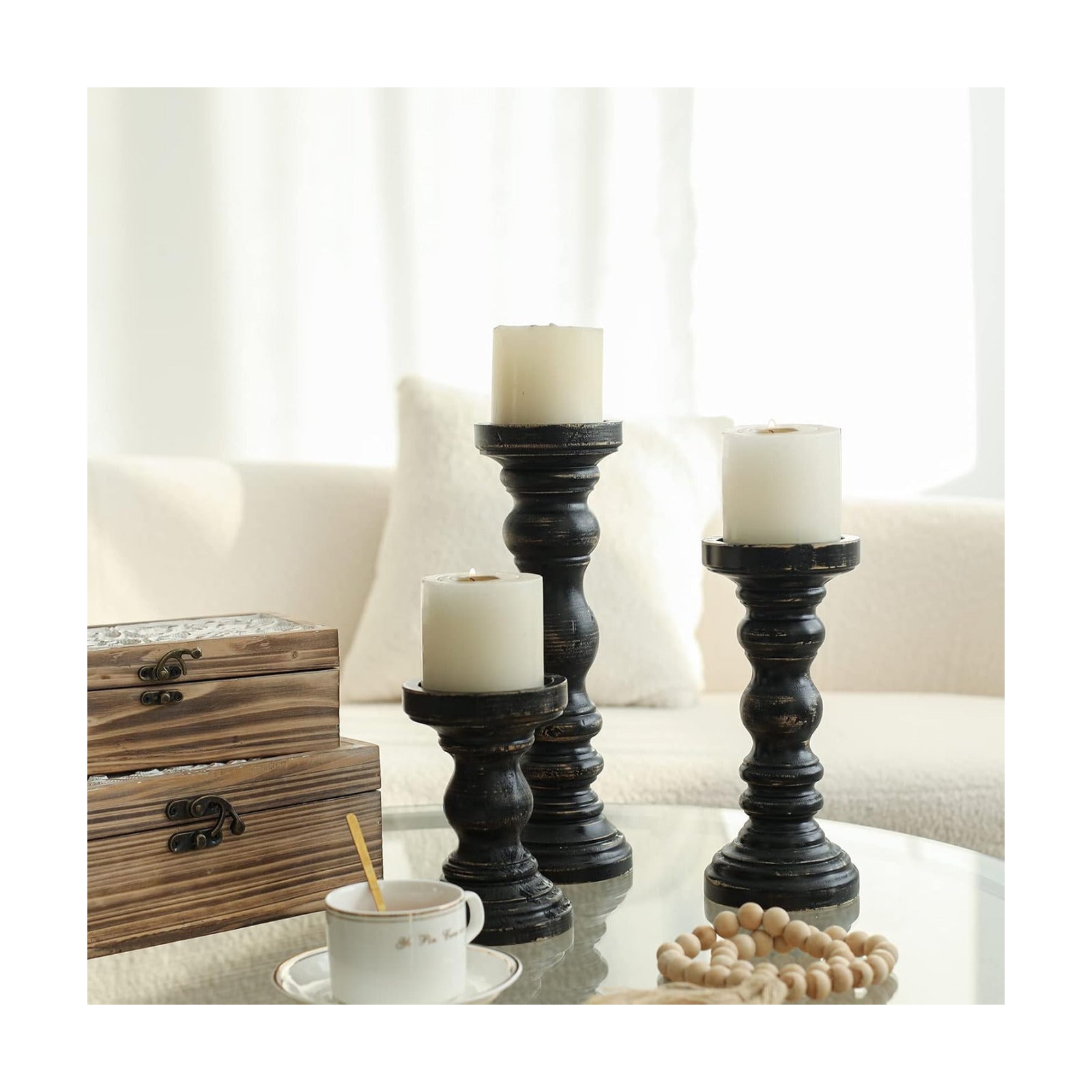 SWALLOWLIVING Rustic Farmhouse Wood Pillar Candle Holder Set of 3 for Candlestick, Black
