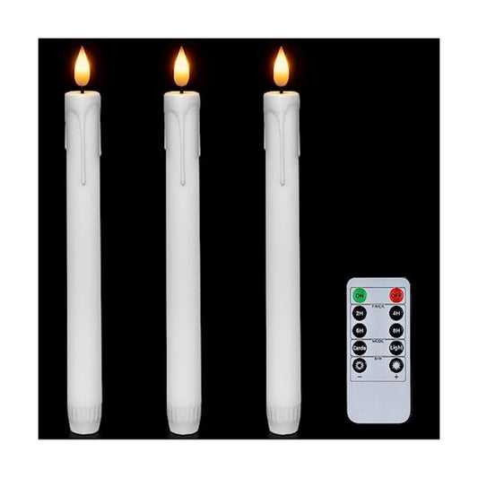 Homemory 3 Pcs Flameless Taper Candles with Remote Timer Dimmer, 9.6" White Flickering Candlesticks Battery Operated, Realistic Plastic LED Candles for Fireplace Wedding Seasonal Indoor Decorations