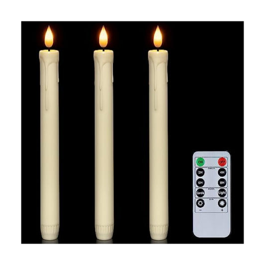 Homemory 3 Pcs Flameless Taper Candles with Remote Timer Dimmer, 9.6" Ivory LED Candlesticks Battery Operated, Plastic Flickering Flameless Candles for Fireplace Wedding Seasonal Indoor Decorations