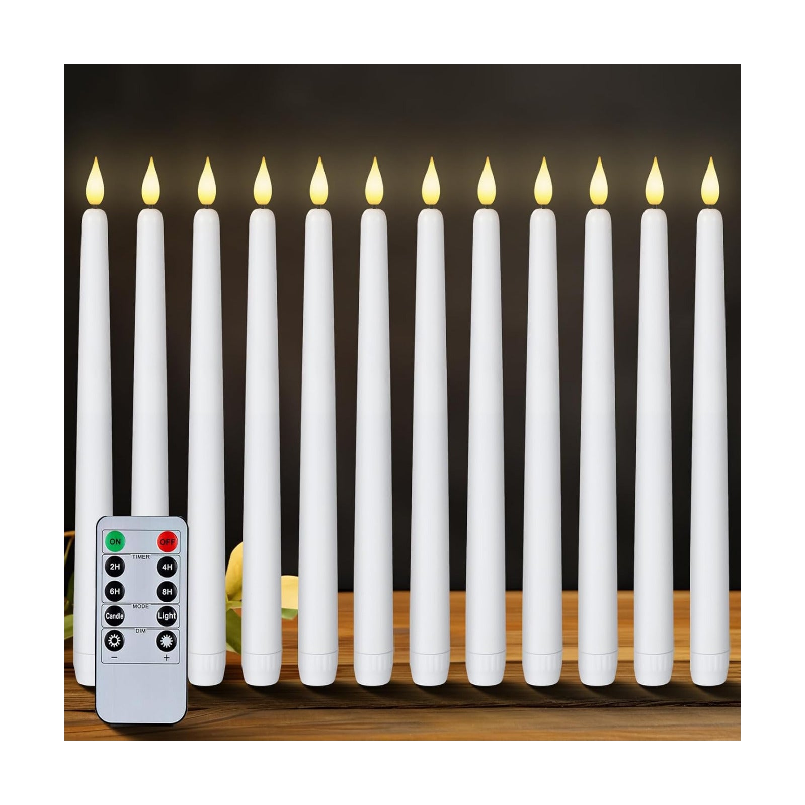 Homemory 12 Pcs Flameless Taper Candles with Remote Timer Dimmer, 11 inches White LED Taper Candles, Plastic Battery