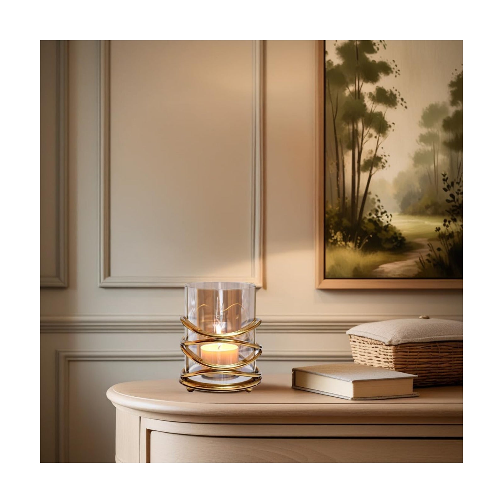 Candle Holder with Glass and Decorative Metal in Swirl Design for Home Decor Console Table Centerpiece Dining Living