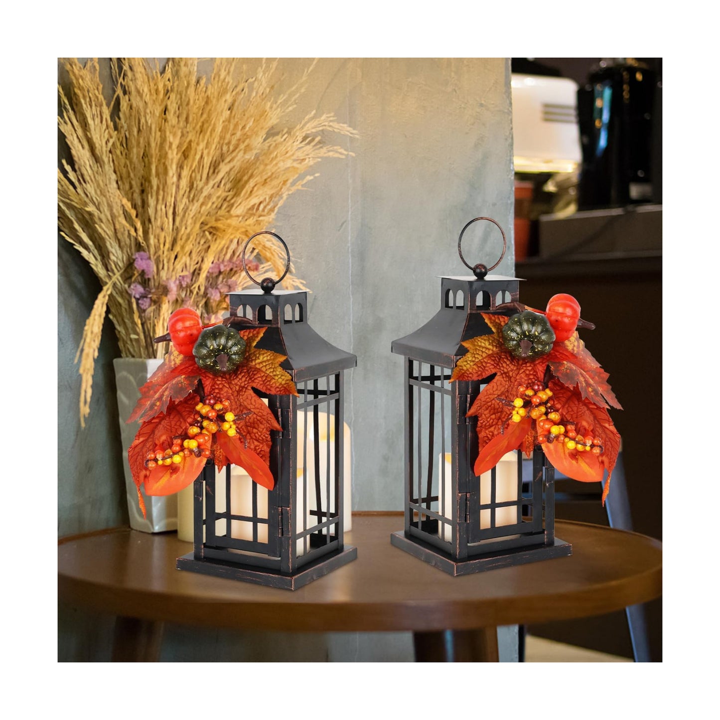 Set of 2 Fall LED Candle Lantern Decorative Indoor & Outdoor, 11" Fall Hanging Lanterns with LED Candles, Metal Outdoor