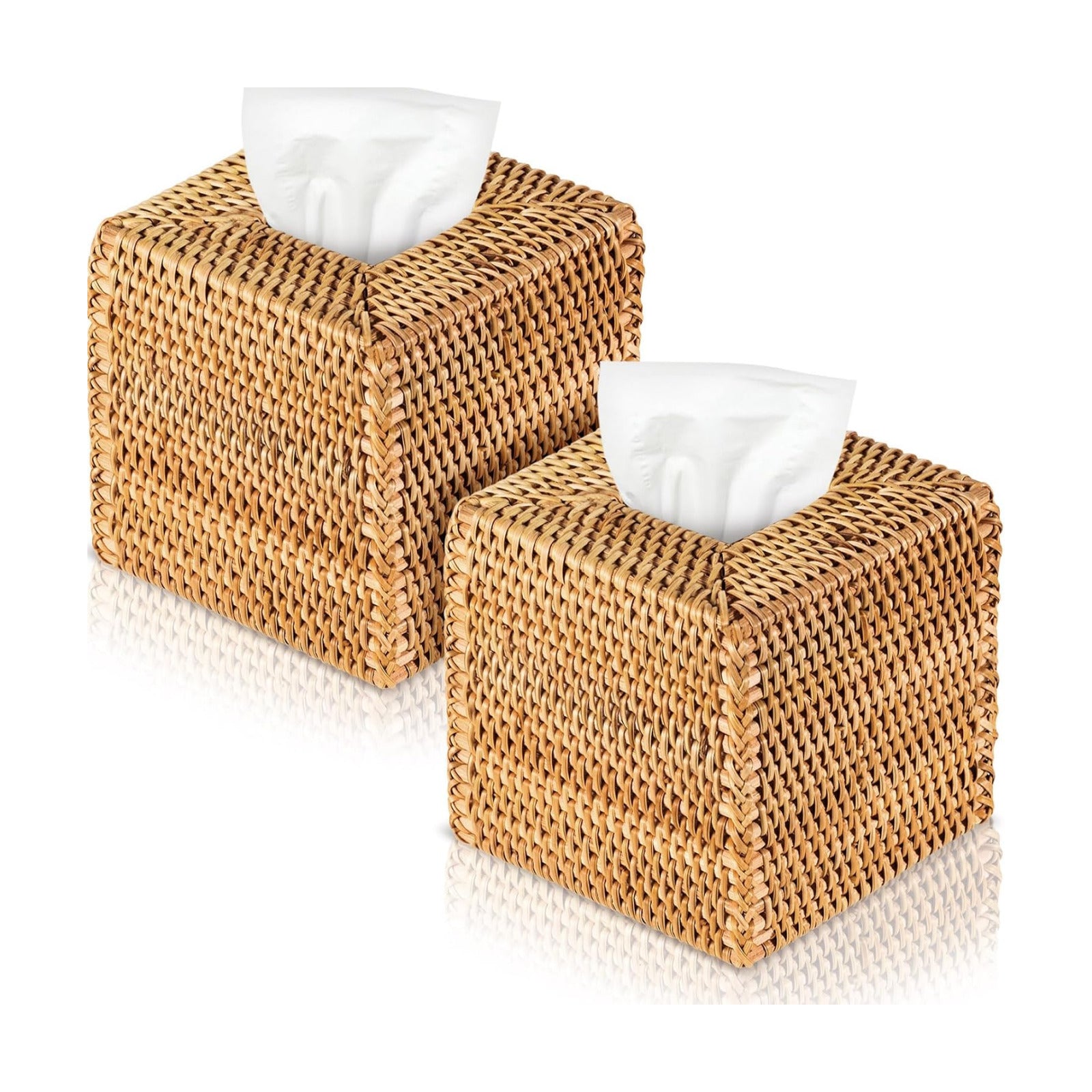 Square Rattan Tissue Box Cover Boho Wicker Tissue Cube Box Cover 5.5'' x / Wood / Natural / Set of 2