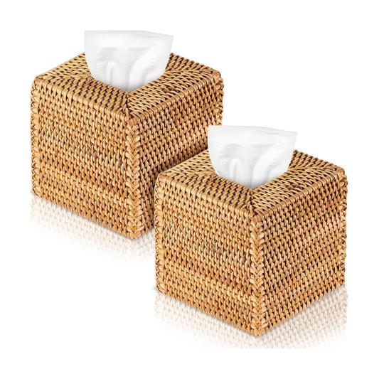 Square Rattan Tissue Box Cover Boho Wicker Tissue Cube Box Cover 5.5'' x / Wood / Natural / Set of 2