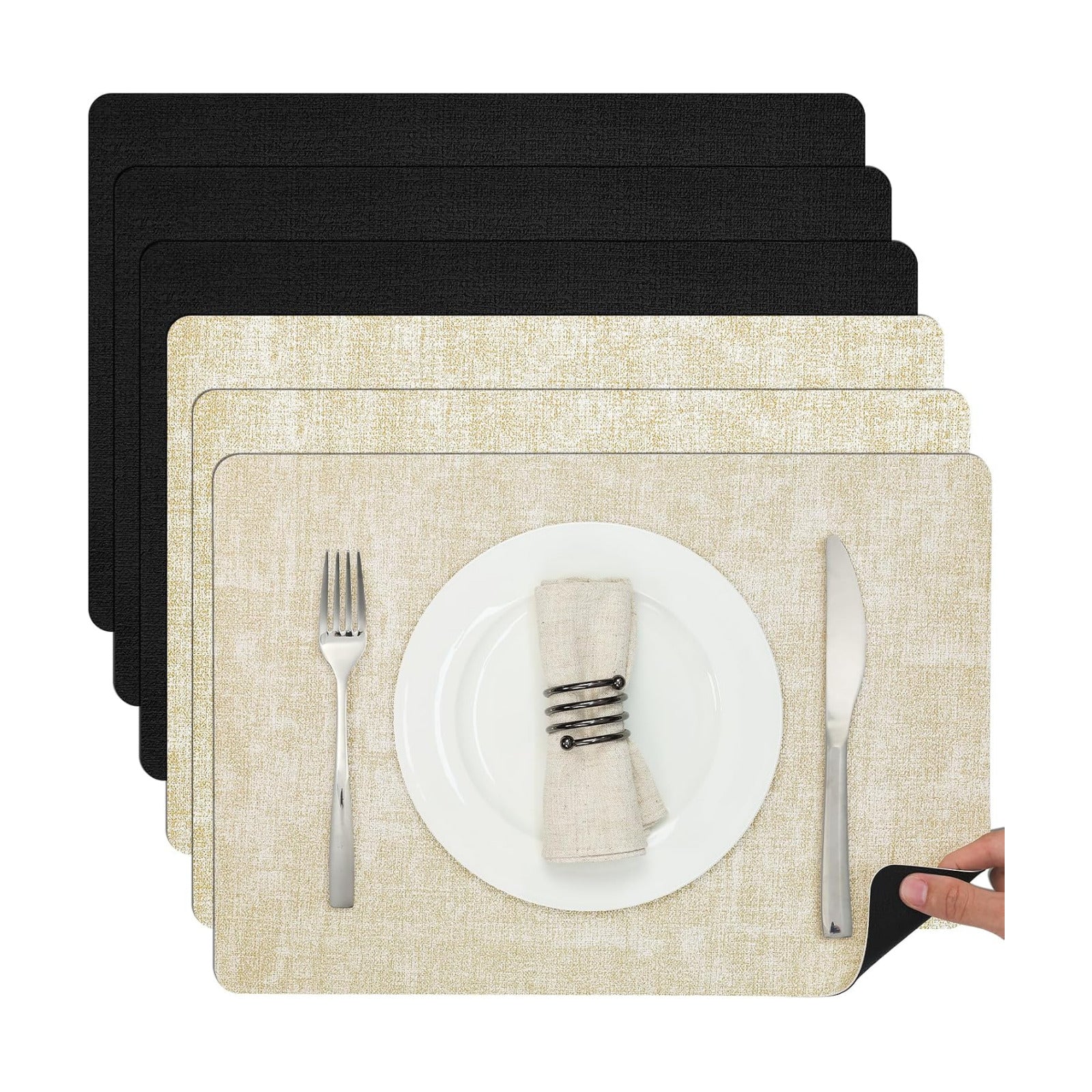 Myir JUN Faux Leather Placemats Set of 6, Dual Sided Waterproof Place Mats | Heat Resistant Wipeable Vinyl Table Mat
