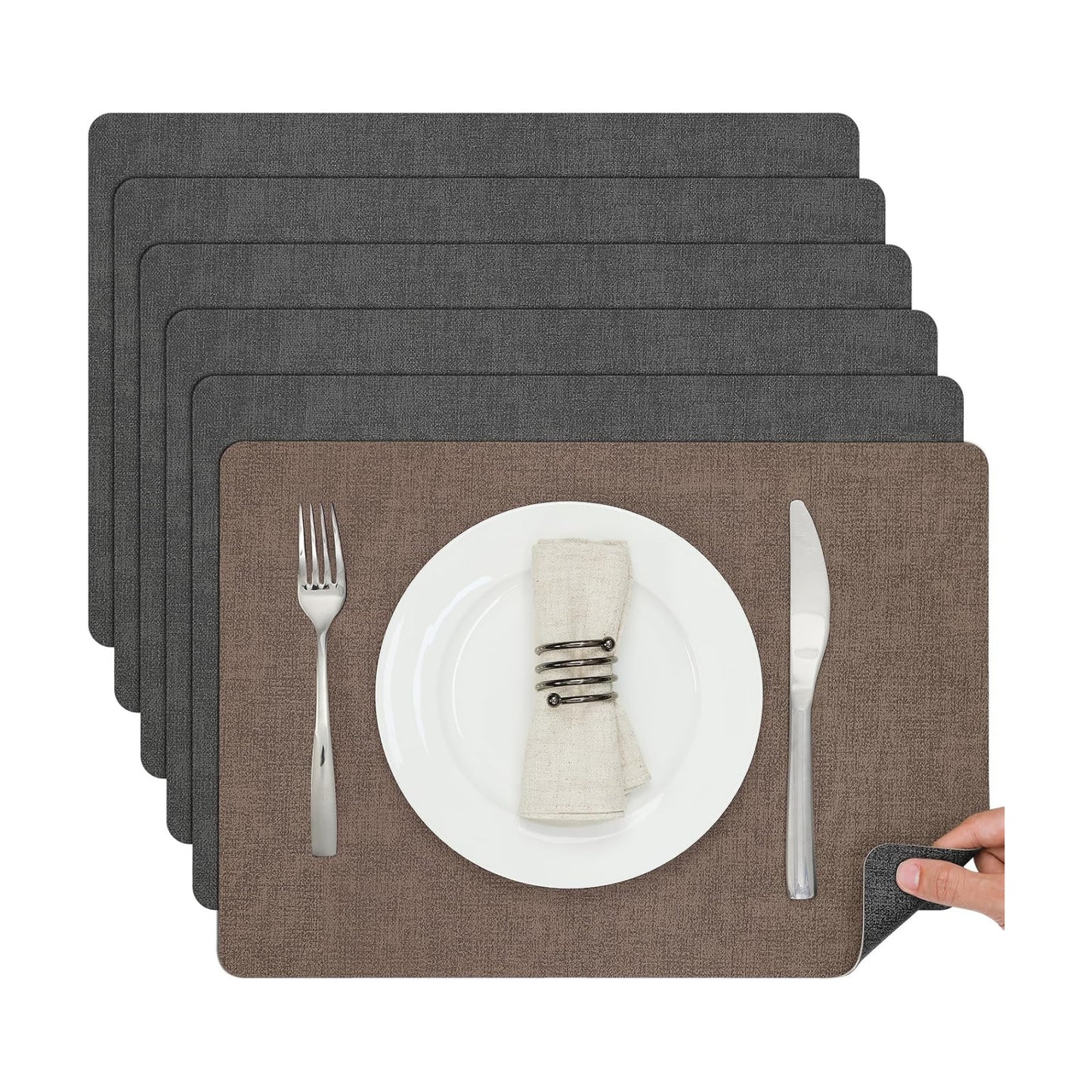 Myir JUN Faux Leather Placemats Set of 6, Dual Sided Waterproof Place Mats | Heat Resistant Wipeable Vinyl Table Mat