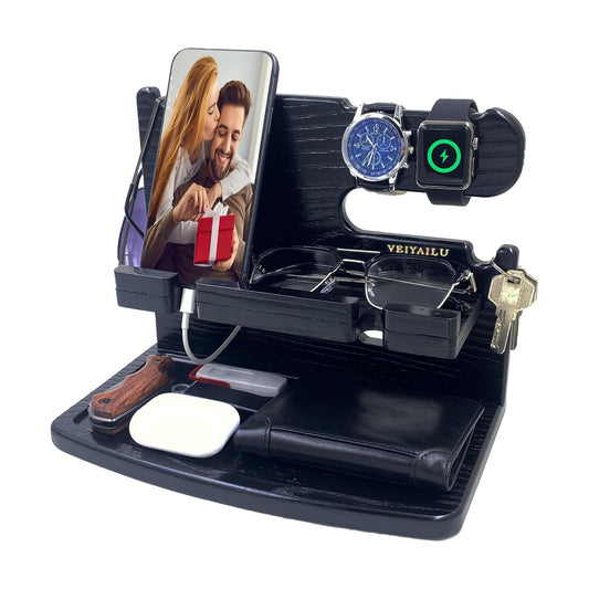 Gifts for Men Dad Women Husband Boyfriend Him Nightstand Organizer for Men Wood Phone / Black