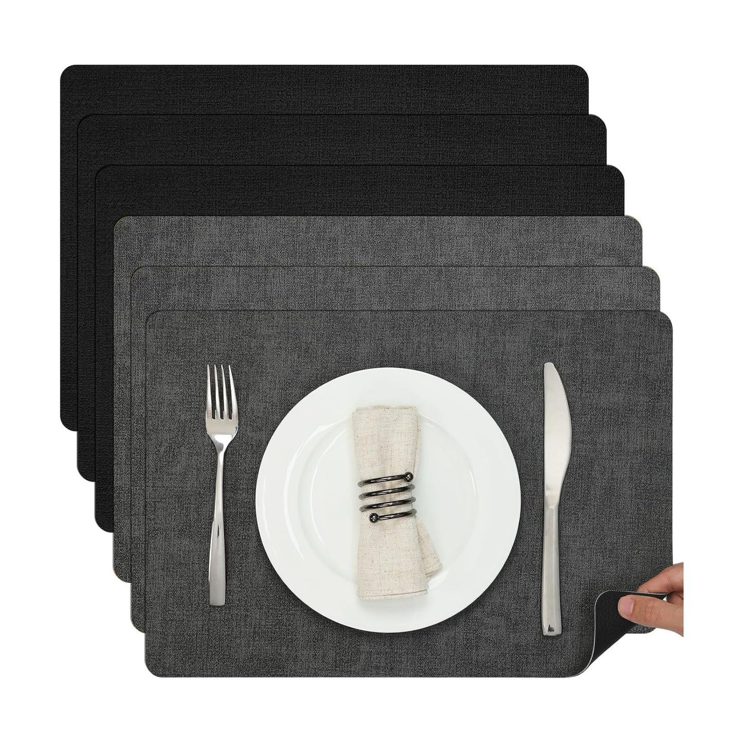 Myir JUN Faux Leather Placemats Set of 6, Dual Sided Waterproof Place Mats | Heat Resistant Wipeable Vinyl Table Mat