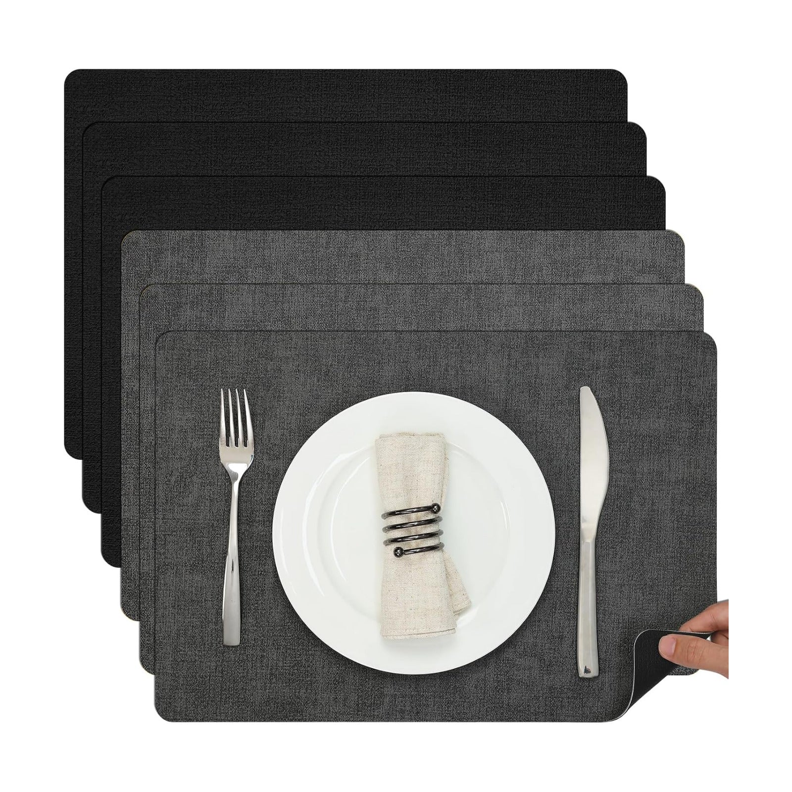 Myir JUN Faux Leather Placemats Set of 6, Dual Sided Waterproof Place Mats | Heat Resistant Wipeable Vinyl Table Mat