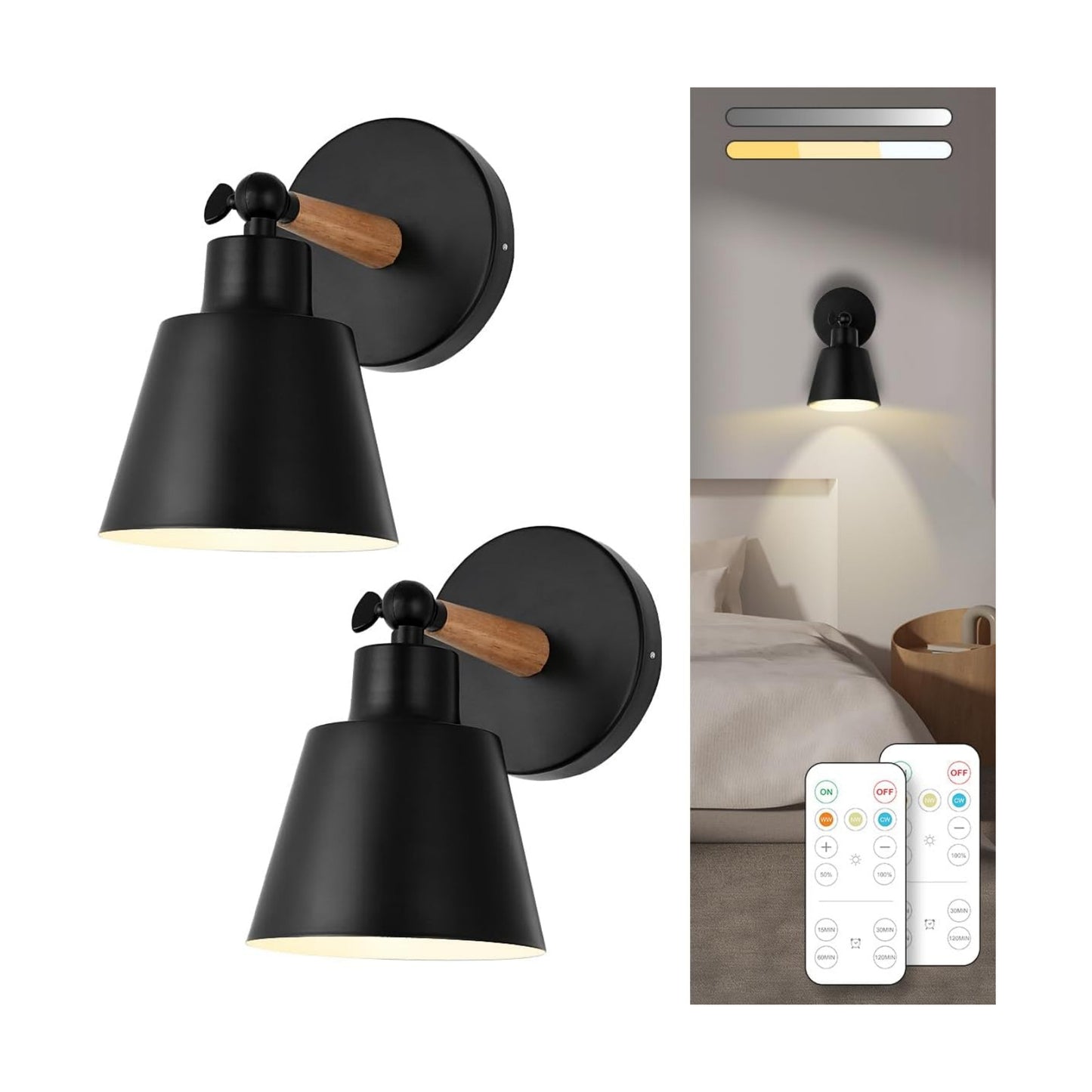 Black Battery Operated Wall Sconce Set of Two, Easy to Install Wireless Lights for Wall, Remote Control Dimmable LED