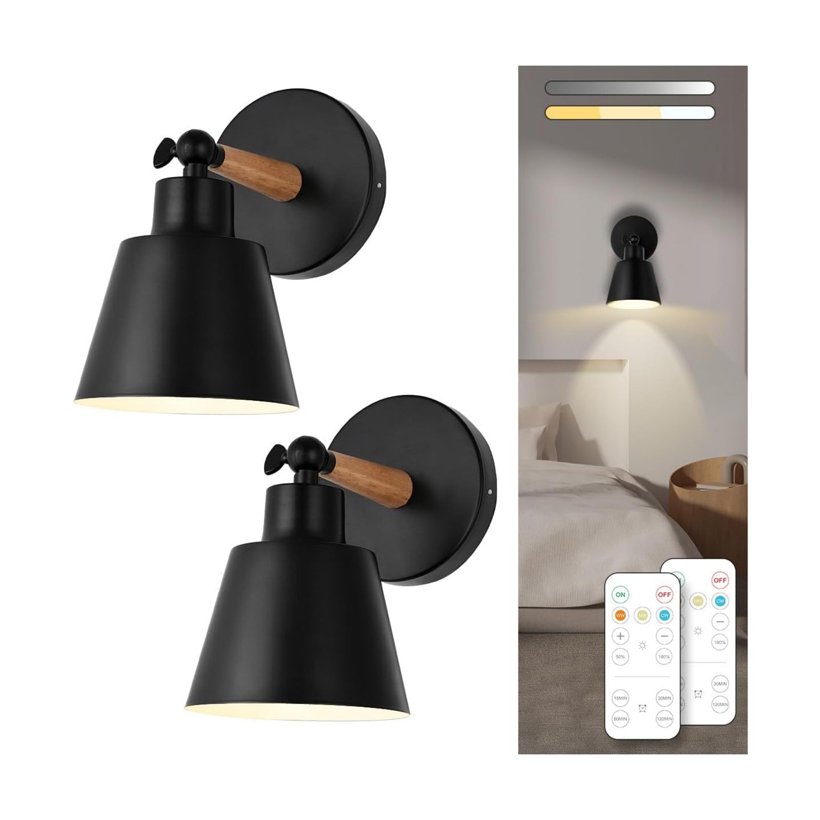 Black Battery Operated Wall Sconce Set of Two, Easy to Install Wireless Lights for Wall, Remote Control Dimmable LED