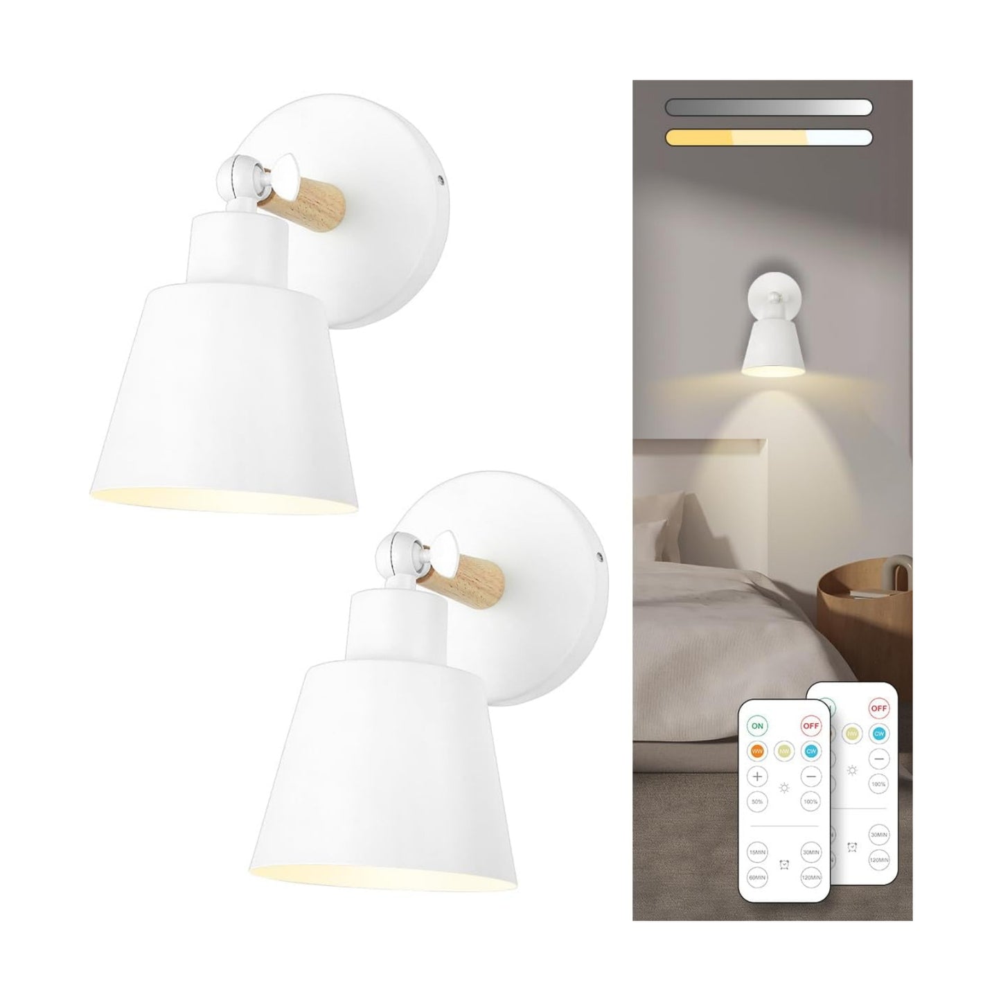 White Battery Operated Wall Sconce Set of Two, Easy to Install Wireless Lights for Wall, Remote Control Dimmable LED