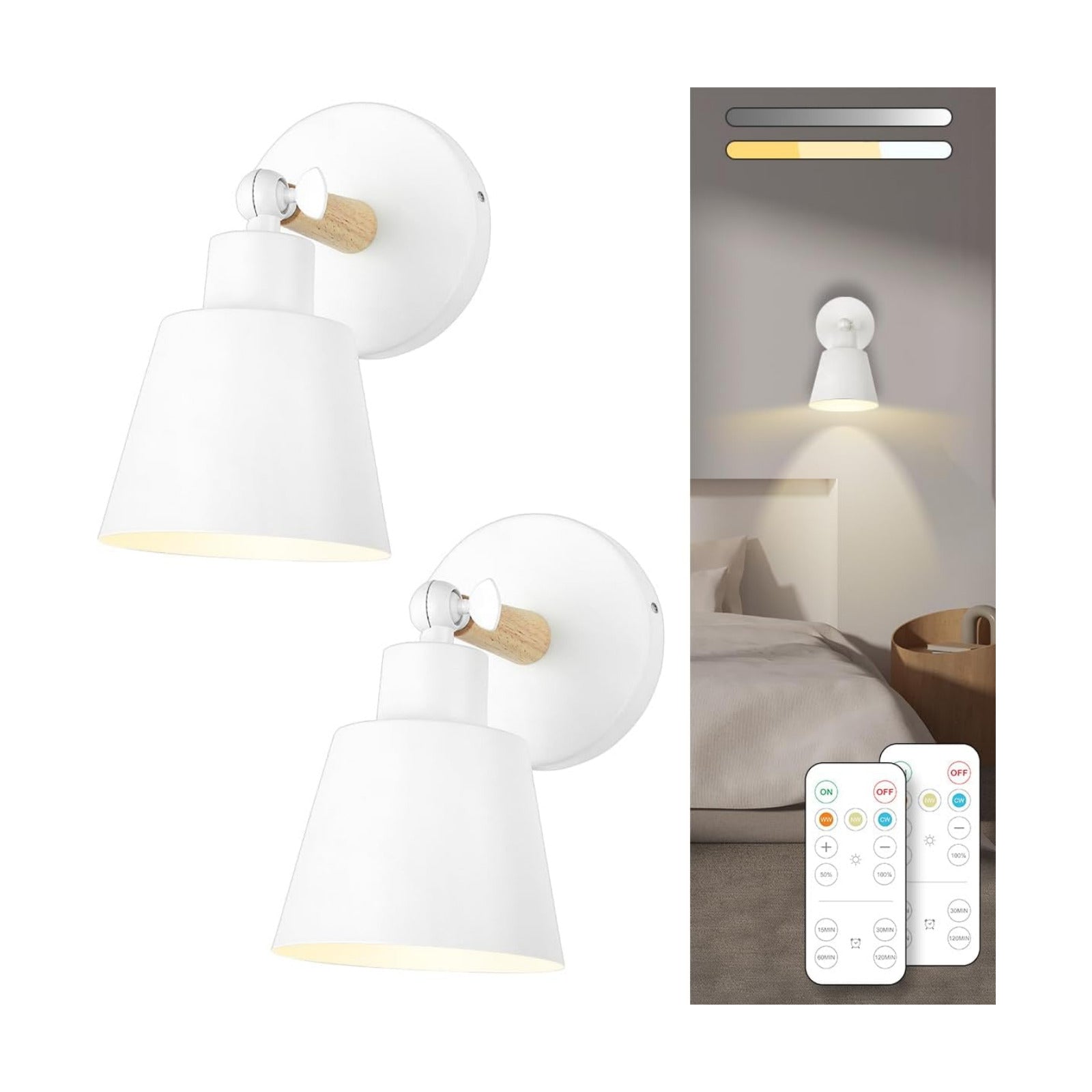 White Battery Operated Wall Sconce Set of Two, Easy to Install Wireless Lights for Wall, Remote Control Dimmable LED