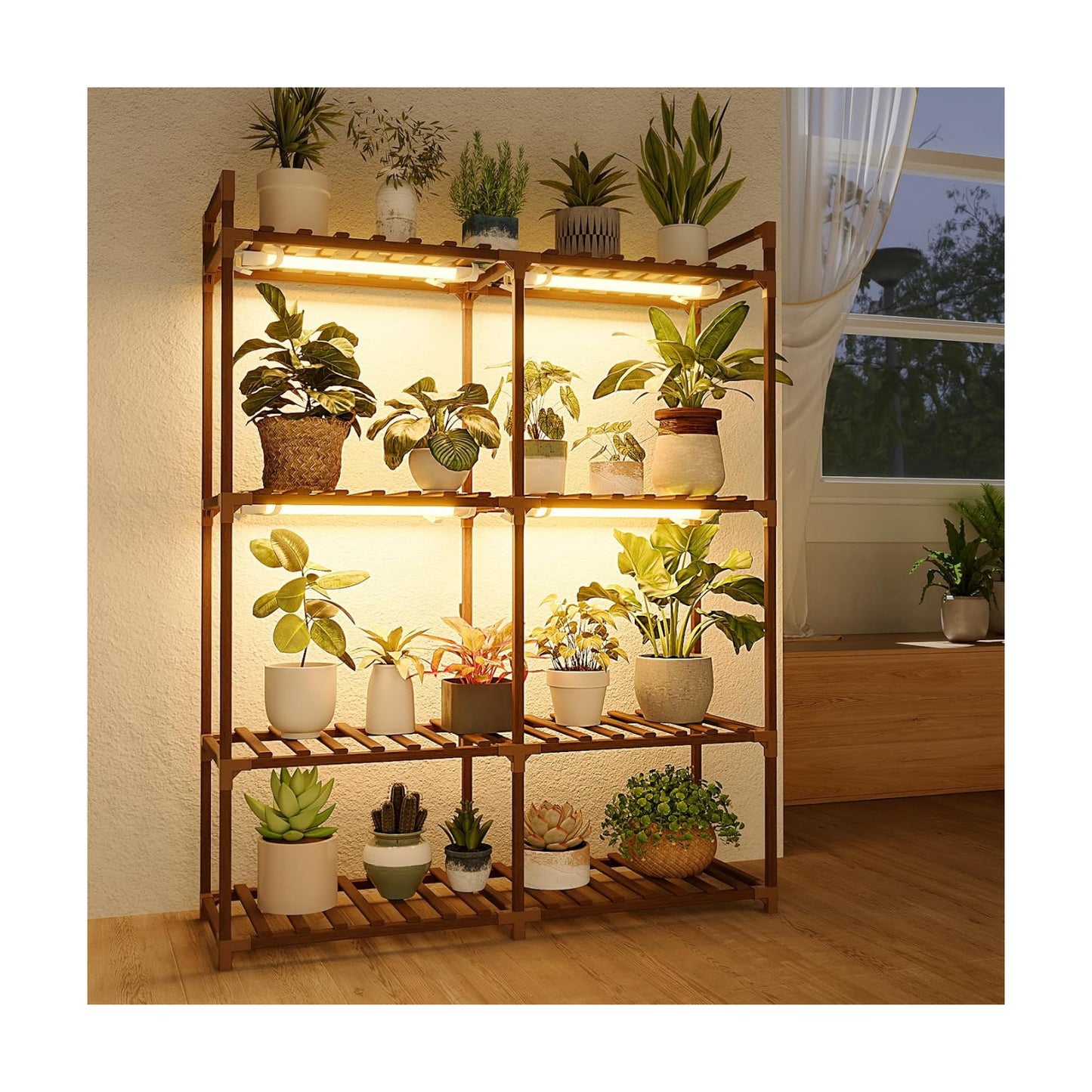 Bamworld Plant Stand with Grow Lights for Indoor Plants Wood Plant Shelf | 4 Tier Large Flower Stand for Mutiple Plant