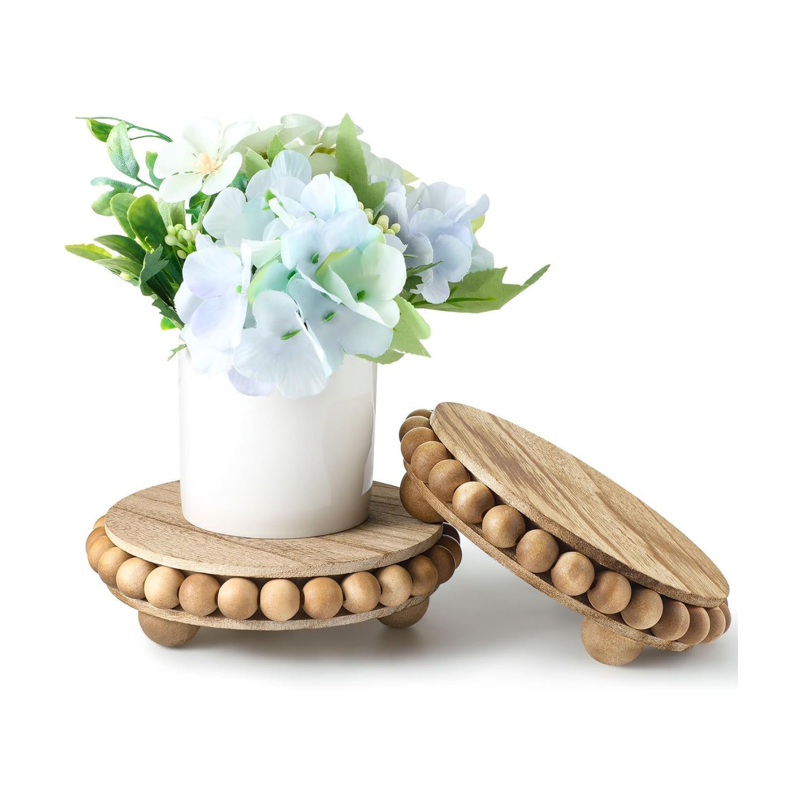 Beaded Wood Pedestal Stand Wooden Risers for Display Farmhouse Round / 6 Inch / Brown / Set of 2