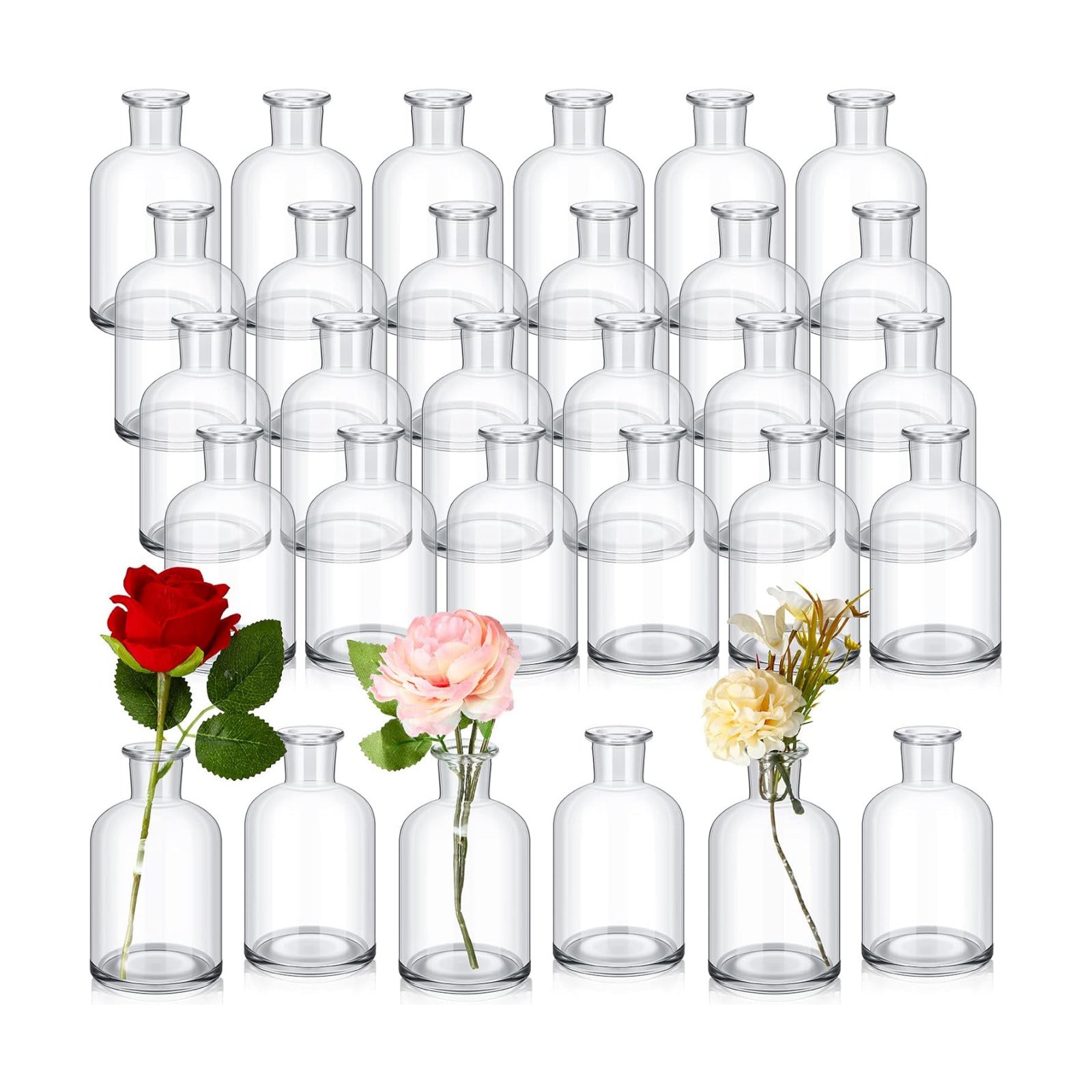 Small Glass Bud Vases Bulk Mini Flower Vases for Centerpieces / 4 Inches / Transparent / Set of 30