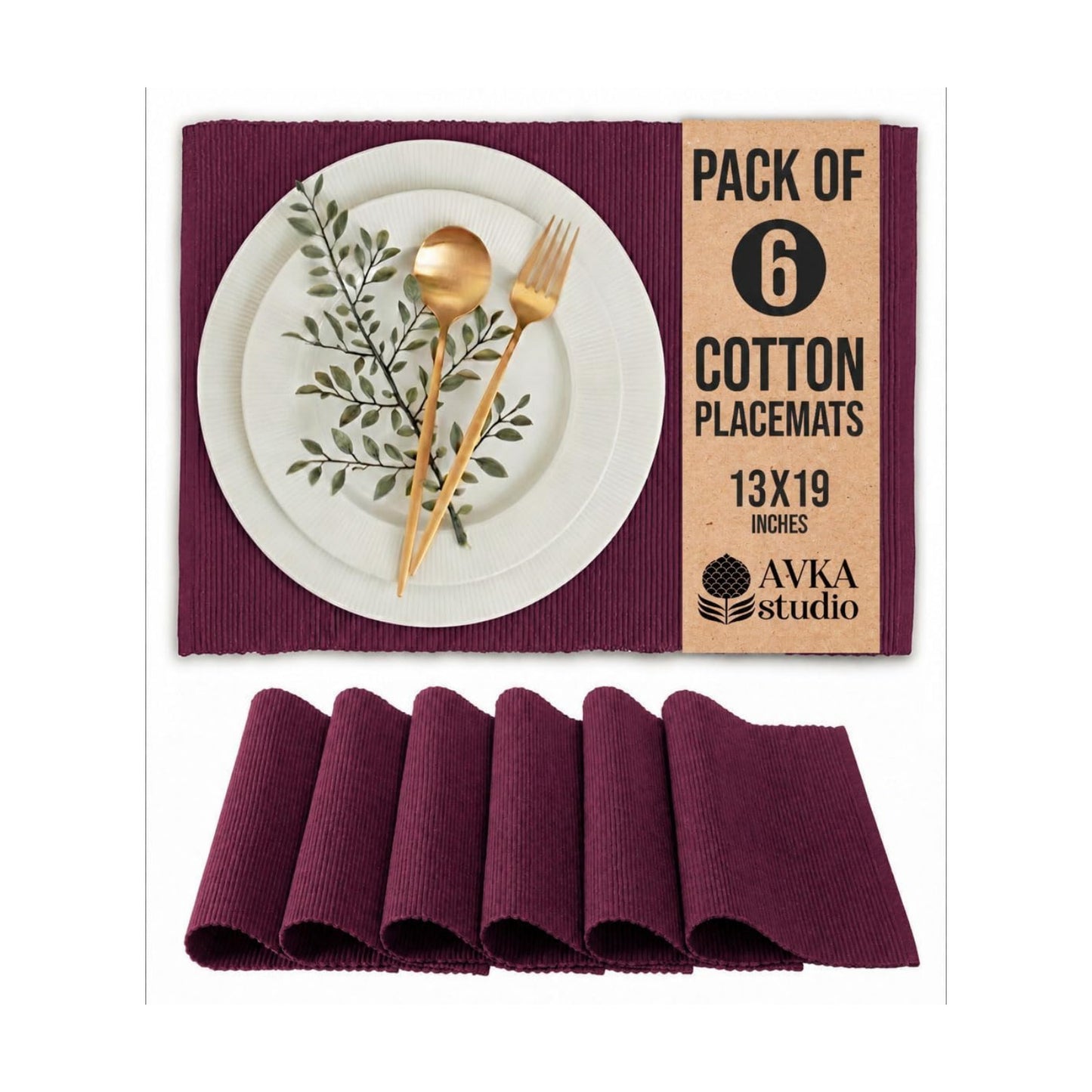 100% Cotton Ribbed Placemats - Set of 6-13 x 19 Inches - Wine - Everyday/Thanksgiving/Fall Cloth Table Mats - Thick