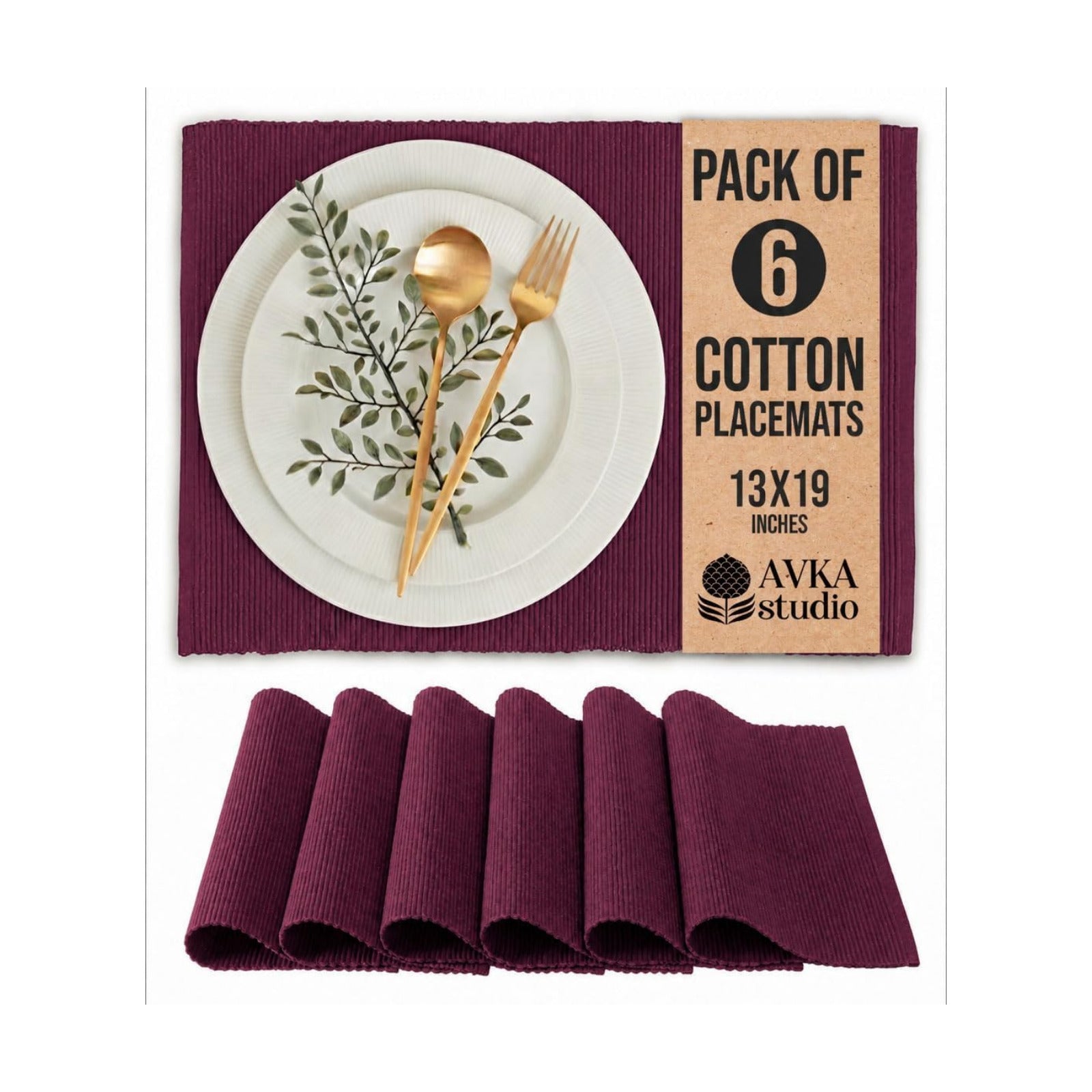 100% Cotton Ribbed Placemats - Set of 6-13 x 19 Inches - Wine - Everyday/Thanksgiving/Fall Cloth Table Mats - Thick