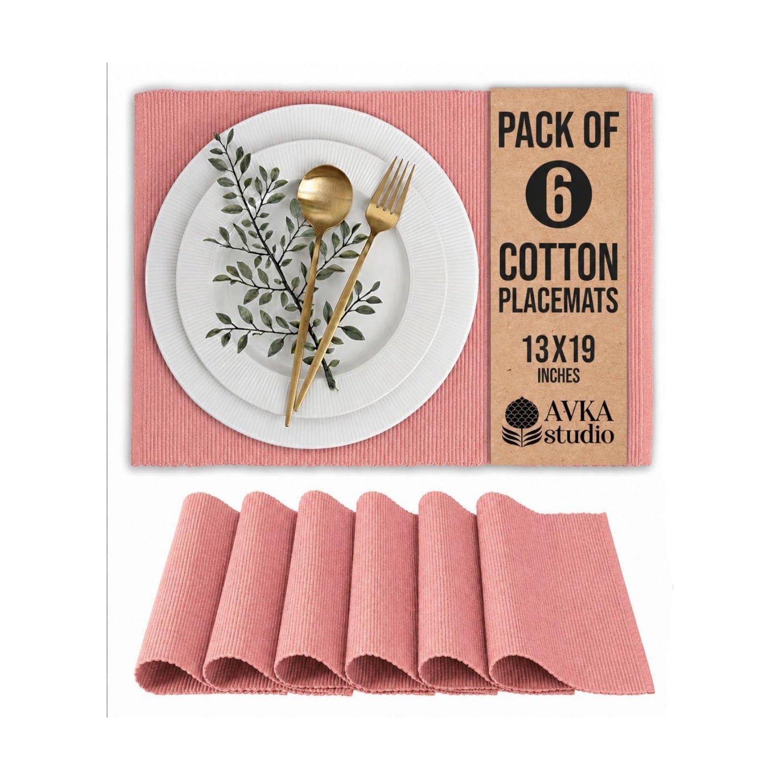 100% Cotton Ribbed Placemats - Set of 6-13 x 19 Inches - Peach - Everyday/Thanksgiving/Fall Cloth Table Mats - Thick