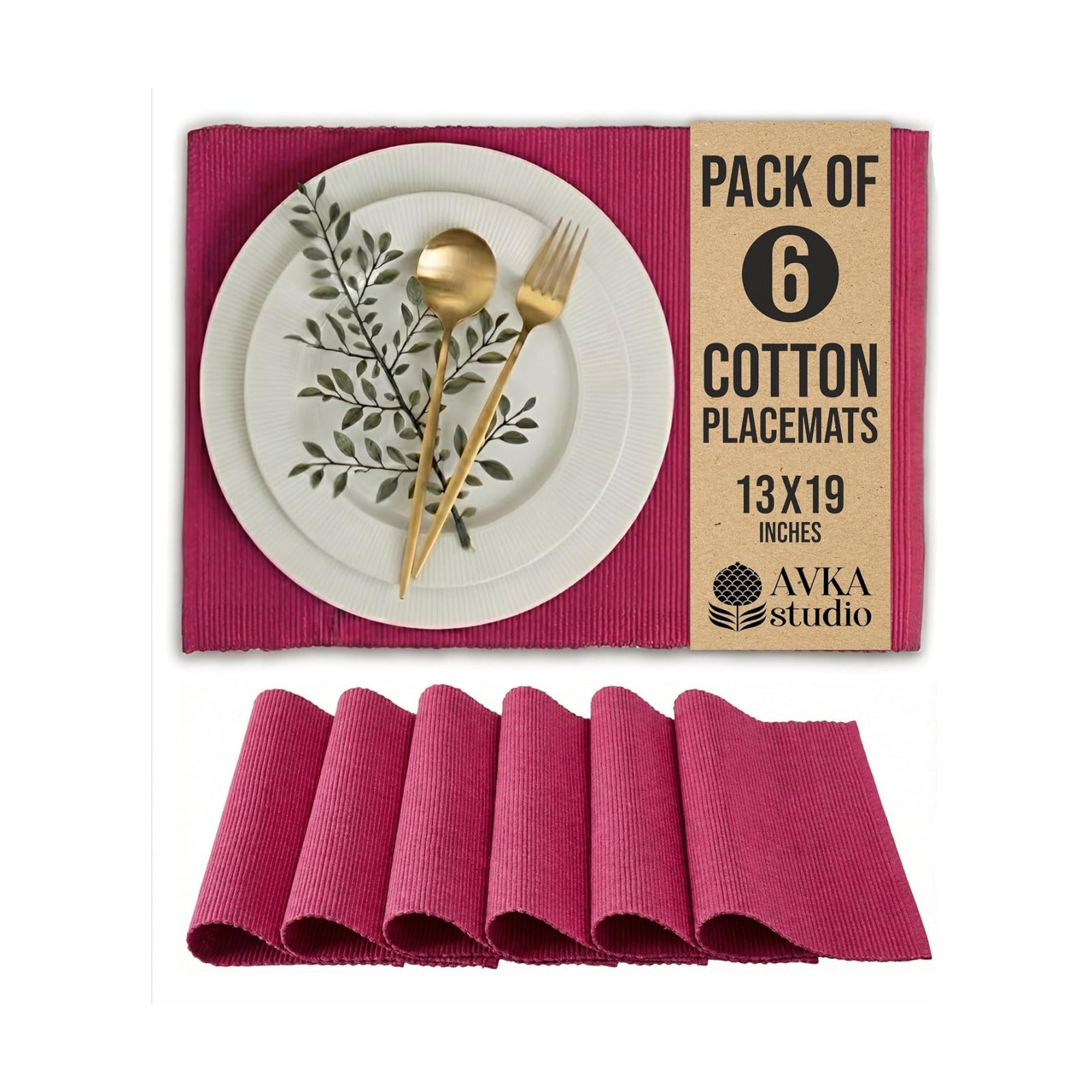100% Cotton Ribbed Placemats - Set of 6-13 x 19 Inches - Fuchsia/Bright Pink - Everyday Basic Fabric Table Mats - Thick