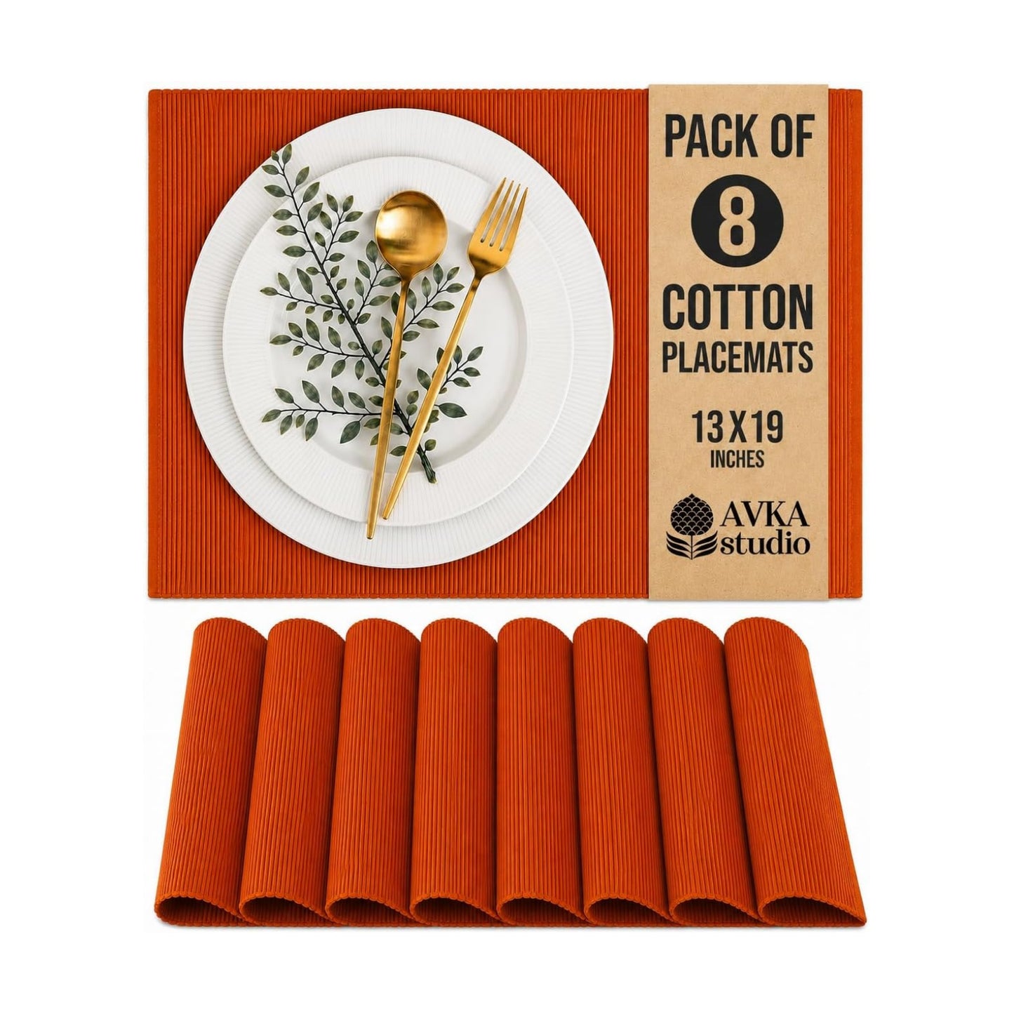 100% Cotton Ribbed Placemats - Set of 8-13 x 19 Inches - Rust/Burnt Orange - Everyday/Thanksgiving/Fall - Thick