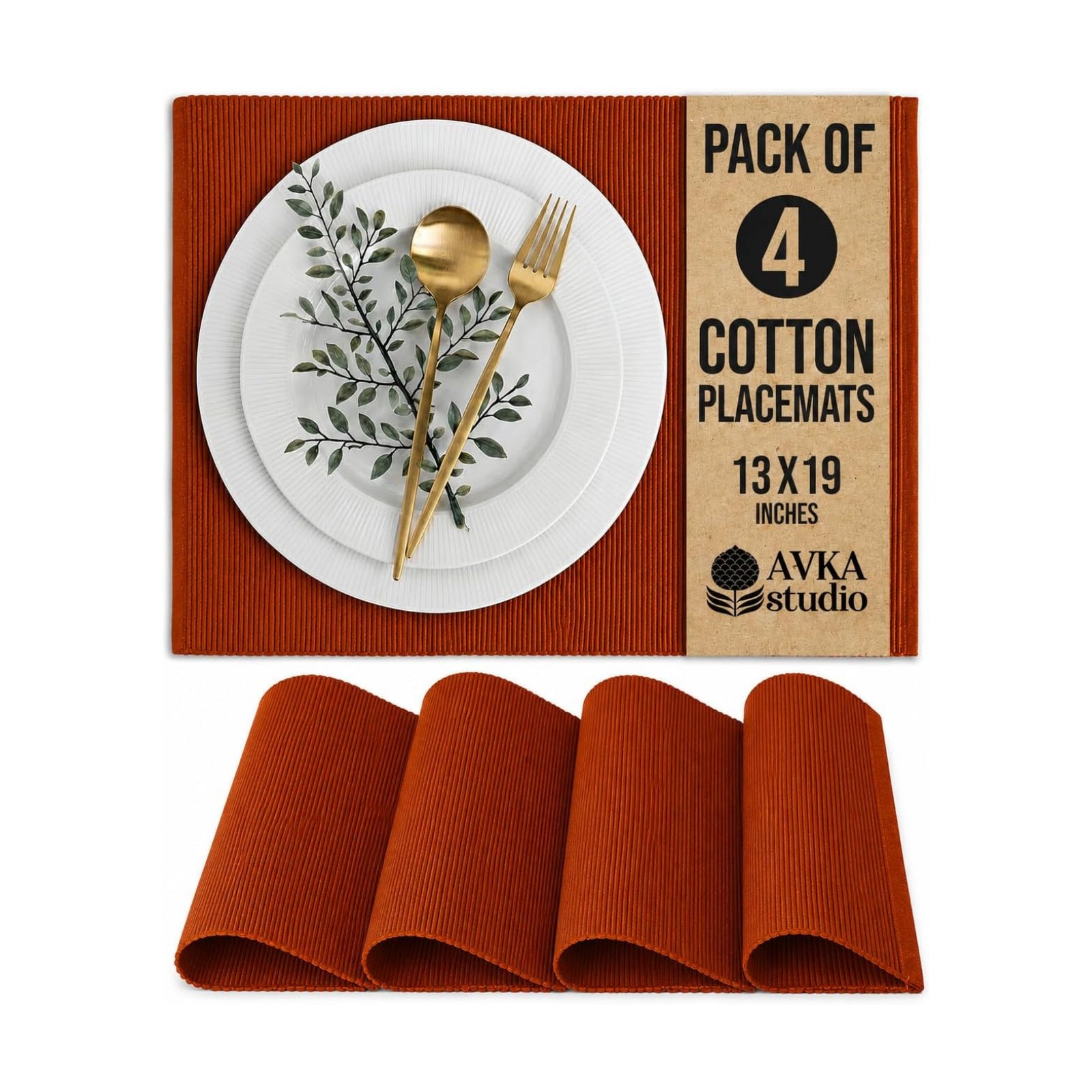 100% Cotton Ribbed Placemats - Set of 4-13 x 19 Inches - Rust/Burnt Orange - Everyday/Thanksgiving/Fall - Thick