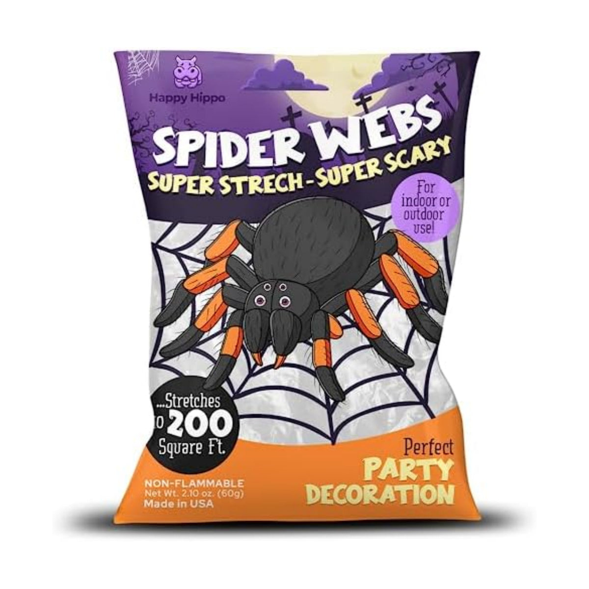 Happy Hippo Halloween Spider Web Decoration, 200 Square Feet & Plastic Spiders, Halloween Party Supplies, Spider Webs (Small, 200 Sq Feet) (8 Fake Spiders Included)