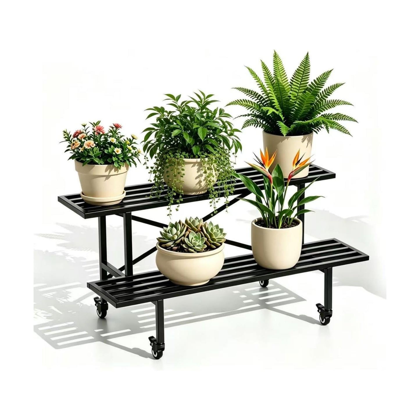 Zhongma 2 Tier Sturdy Metal Plant Stand with Wheels, L35.43 x W17.5 x H16.14 inch, Heavy Duty Plant Holder for Home