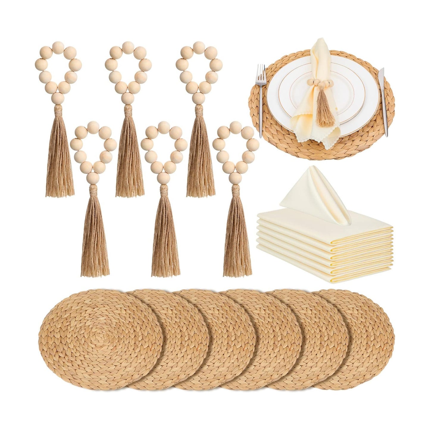 Gejoy 18 Pcs Boho Woven Placemat Wood Bead Napkin Ring with Dinner Napkin | 13.8 Inch Round Water Hyacinth Placemat