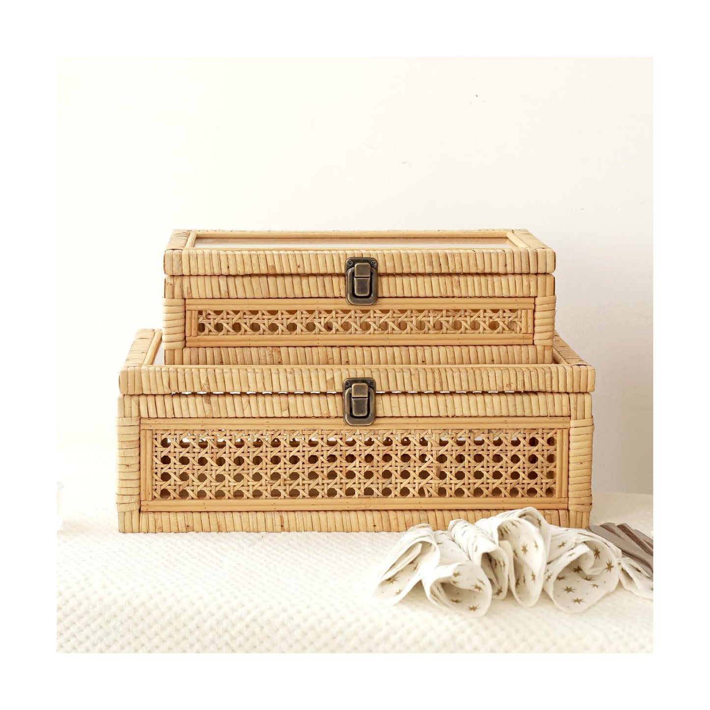 Cane Stacking Boxes / 14.1 x 8.2 x 5.1 / Rattan / Set of 2