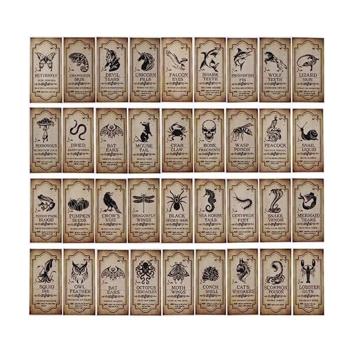 KIMOBER 144PCS Halloween Bottle Labels, Assoeted Vintage Laminated Animal Apothecary Potion Bottles Stickers for Halloween Party Supplies Photo Props