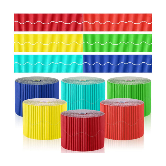 6 Rolls Corrugated Paper Scalloped Straight Rolled Border Trim Modern Boho / Multicolor / 295 Inch